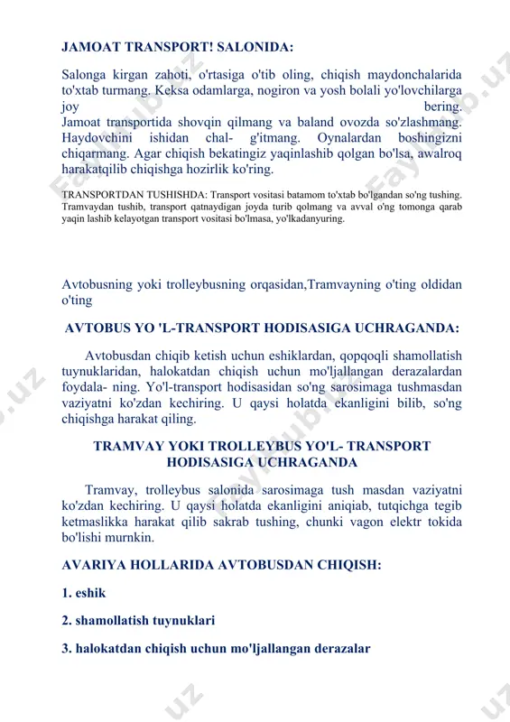 boshqa narsalami ko'rganda shu zahoti ichki ishlar xodimlariga yoki poyezd mashinistiga xabar hering. shu narsalar ichida portlovchi moddalar bo'lishi mumkin. qo'lingie bilan tegmang, atrofda turgan odamlarni xavf haqida ogoh qiling. uchinchi xavfli joy-perron (platforma) yo'l harakati xavfsizligi qoidalari avtomobilda agar 12 yoshga to'lmagan bo'lsangiz, oldingi o'rin-diqqa o'tirmang. avtomobilga o'tirgach, xavfsizlik kamarinitaqiboling. avtomobilda o't o'chiruvchi moslama va dorilar turadigan quticha qayerda joylashganligini eslab qoling. harakatlanish vaqtida ogoh bo'lib, diqqat bilan yo'lni kuzatib boring. temir yo'lda temir yo'llarda, ayniqsa, temir yo'l kesish- malarida, ogohlantirish belgilari qo'yilgan joylarda yurmang, o'ynamang. poyezdlar tagiga kirmang, piyodalar ko'priklari va o'tishjoylaridanfoydalaning. poyezd kelishi arafasida, platforma chekkasida turmang va yugurmang. poyezd batamom to'xtamaguncha vagon oynalaridan boshingizni chiqarmang. poyezd haraxatlan- gan vaqtda tamburning tashqi eshiklarini ochmang va sakrab tushmang, tatilda: ko'chaga chiqishdan oldin, ushbu xavfsizlik qoidalarini to' liq o'qib, organing: ota-ona ruxsatisiz bemaqsad ko'chaga chiqmang. mahallalarda, dahalarda belgilangan joylarda o'ynang va transport harakatiga xalaqit bermang, o'z xavfsizligingizni ta'minlang. oromgohlarga …