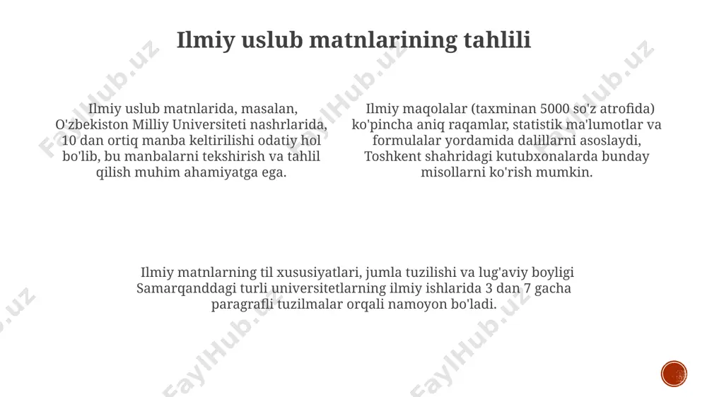 иш орқали тарихий манба сифатида фойдаланиш мумкин. кундалик услубдаги матнларнинг таҳлилида 19-асрнинг охири ва 20-асрнинг бошларидаги бухоро шаҳрида яшаган адибларнинг шахсий кундаликларидаги муҳит тасвирларининг аҳамияти каттадир. xulosa va takliflar андижон вилоятидаги 10 та шеърий тўпламнинг стилистик таҳлилида, 4 тасида классик услуб, 6 тасида эса замонавий экспрессив услуб устунлиги кузатилди. фарғона водийсидаги 15 та публицистик матнни ўрганиш натижасида, 7 тасида расмий, 8 тасида норасмий услуб элементларининг кўплиги аниқланди. 2022 йилда тошкент шаҳрида ўтказилган 5 та адабий асар таҳлили натижаларига кўра, услубларнинг 30% га яқини реализмга, 20%и модернизмга хос эканлиги аниқланди. matnlarning lingvistik tahlili toshkentdagi tadqiqot natijalariga ko'ra, turli janrlardagi 30 ta matnda so'z boyligi va gap tuzilishi jihatidan 15% farq kuzatilgan. o'zbek tilida yozilgan 50 ta hikoya matnining tahlili natijasida 7 ta asosiy stilistik xususiyat aniqlangan, jumladan, obrazlilik va metafora qo'llanilishi. matnlarning lingvistik tahlili 100 dan ortiq so'z birikmalarini o'z ichiga olgan holda, samarqand universiteti o'qituvchilari tomonidan 2023-yilda o'rganilgan. turli uslublardagi …