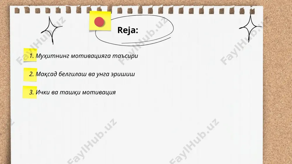 ladi. ichki motivatsiya uzoq muddatli natijalarni keltirishi mumkin, chunki inson o'z istagi bilan harakat qiladi. tadqiqotlar ko'rsatadiki, yuqori darajadagi ichki motivatsiyaga ega bo'lgan shaxslar o'z maqsadlariga tezroq erishadi va ularni saqlab qolishadi. tashqi motivatsiya esa momentlarda tez natija berish mumkin, lekin uning ta'siri ko'pincha uzoq vaqtga cho'zilmaydi. ... t.me/slaydai_bot 4. pozitiv psixologining motivatsiyadagi rolli pozitiv psixologiya insonlar motivatsiyasini oshirishda muhim rol o'ynaydi. ilmiy tadqiqotlar shuni ko'rsatadiki, ijobiy fikrlash va hissiy holatlar insonning ishga bo'lgan qiziqishini va natijadorligini oshiradi. masalan, martin seligmanning tadqiqotlariga ko'ra, shukronalik va baxt hissini oshirish motivatsiyani 20%gacha kuchaytirishi mumkin. pozitiv psixologiya bo'yicha tahlillar shuni ko'rsatadiki, motivatsiyaning yuqori darajasi insonning xayotdan qoniqishi va umumiy holatini 15%ga yaxshilaydi. shu yo'sinda, ijobiy psixologik yondashuvlar xayrixoh munosabatlarni rivojlantirish va shaxsiy o'sish uchun samarali vosita bo'lib xizmat qiladi. ... t.me/slaydai_bot stress insonning motivatsiyasiga ta'sir etuvchi muhim omildir. undiruvchi stress past darajada bo'lsa, insonni maqsad sari harakat qilishga ilhomlantiradi. masalan, bir tadqiqotga ko'ra, …