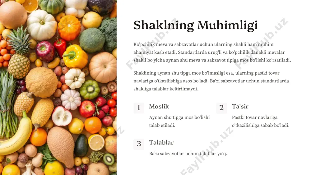 in va achchiq ta'mli bodomlarga bo'linadi. achchiq bodomlarning mag'zida zaharli glikozidlar amigdalin (3-7 %) bo'ladi. yunon yong'og'i bodom eryong'oq pista subtropik mevalar sifat tahlili: anor va xurmo suyutropik mevalarga stitruslar (apelsin, mandarin, limon, greyfurut), anor,, xurma, anjir va boshqalar kiradi. respublikamizda etishtiriladigan asosiy subtropik mevalar anor, xurma, anjir va limon (issiqxonalarda etishtiriladi) hisoblanadi. bu mevalar bir guruhga kiritilsada kimyoviy tarkibi, shifobaxshlik xususiyatlari va sifat tahlilini o'tkazish uslublari bo'yicha ma'lum darajada bir- biridan farq qiladi. anorning sifati gost 27573-87 nomerli standart talabiga javob berishi kerak. bu standart talabi bo'yicha anor mevalari sifat darajasiga qarab birinchi va ikkinchi tovar navlariga bo'linadi. xurmoning sifati rstuz 854-98 nomerli standart talabiga javob berishi kerak. bu standart talabi bo'yicha xurmo mevasi birinchi va ikkinchi tovar navlariga bo'linadi. anor gost 27573-87, 1, 2 navlar. xurmo rstuz 854-98, 1, 2 navlar. xulosa ushbu taqdimotda meva va sabzavotlarning sifatini baholashning asosiy ko'rsatkichlari, jumladan, umumiy va xususiy ko'rsatkichlar, shuningdek, meva …