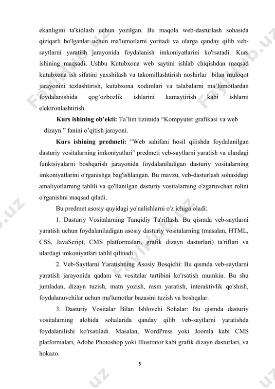 sohasidagi ishchi va talabalarga qiziqarli va foydali bo'ladi. kurs ishining tuzilishi: kurs ishimda kirish qismi 2 bob 5 ta reja xulosa va adabiyotlardan tuzilgan. i bob.web-sahifalar va ularni yaratish vositalari i.1. internet haqida boshlang`ich ma`lumot internet - bu yagona standart asosida faoliyat ko`rsatuvchi jahon global kompyuter tarmogidir. uning nomi «tarmoqlararo» degan ma`noni anglatadi. u mahalliy (lokal) kompyuter tarmoqlarni birlashtiruvchi informatsion tizim bo`lib, o`zining alohida axborot maydoniga ega bo`lgan virtual to`plamdan tashkil topadi. internet, unga ulangan tarmoqda kiruvchi barcha kompyuterlarning o`zaro ma`lumotlar almashish imkoniyatini yaratib beradi. o`zining kompyuteri orqali internetning xap bir mijozi boshqa shahar yoki mamlakatga axborot uzatishi mumkin. masalan, vashingtondagi kongress kutubxonasi katalogini ko`rib chiqishi, nyu-yorkdagi metropoliten muzeyining oxirgi ko`rgazmasiga qo`yilgan suratlar bilan tanishishi, xalqaro anjumanlarda ishtirok etishi, bank muomalalarini amalga oshirishi va xatto boshqa mamlakatlarda istiqomat qiluvchi tarmoq mijozlari bilan shaxmat o`ynashi mumkin. internet xx asrning eng buyuk kashfiyotlaridan biri hisoblanadi. ushbu kashfiyot tufayli butun jahon bo`ylab yoyilib …