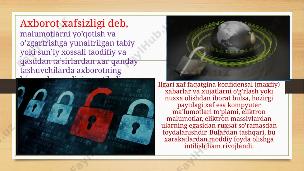 uvchi infratuzilmaning himoyalanganligi tushuniladi. bunday ta’sirlar axborot munosabatlariga, jumladan, axborot egalariga, axborotdan foyda- lanuvchilarga va axborotni muhofaza qilishni ta’minlovchi infratuzilmaga jiddiy zarar yetkazishi mumkin. shifrlash jarayoni dastlabki axborotni qayta tiklash imkoni bilan matematik, mantiqiy, kombinatsion va boshqacha aylantirishlarni amalgaoshirishni o‘z ichiga oladi. buning natijasida shifrlangan axborot harflar, raqamlar, boshqa simvollar va ikkilik kodlarining xaotik to‘plamidan iborat bo‘ladi. ochiq va yopiq kalitlar bilan shifrlash tizimi. kalitdan foydalanib shifrlash algoritmining ikki xil ko‘rinishi mavjud: simmetrik va asimmetrik (ochiq kalitli) axborotlarni kriptografik himoyalash usullari axborotlarni kriptografik himoyalash usullari axborot xavfsizligi uchun kurashda samarali vosita bo‘lib, bugungi kunda ular axborot tizim- larida keng qo‘llanilmoqda.🖥 shifrlovchi dasturlar va ularning imkoniyatlari bugungi kunda ma’lumotlarni shifrlovchi ko‘plab dasturlar ishlab chiqilgan. ular orasida truecrypt dasturi o‘z afzalliklari va yuqori imkoniyati tufayli keng ommalashgan. image5.png image6.png image7.jpg image8.jpg image9.jpg image10.jpg image11.jpg image12.jpg image13.jpg image14.jpg image3.png image4.png /docprops/thumbnail.jpeg