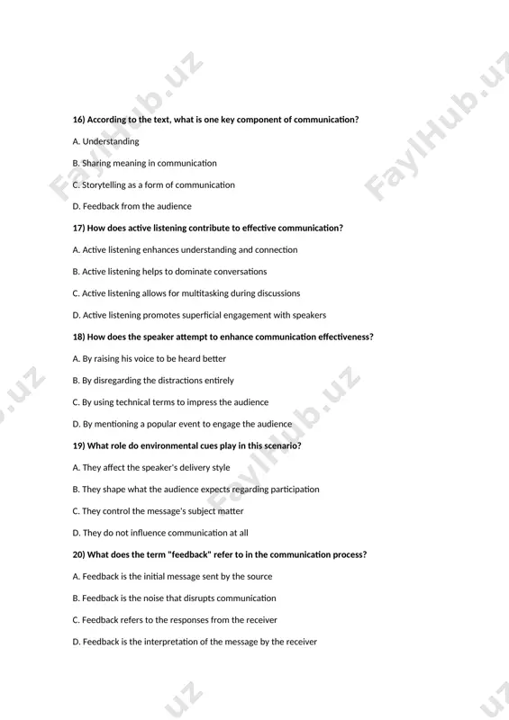 he speaker to avoid any form of feedback from the audience. 22) what principle is referred to as the "golden rule" in communication? a. the principle of honesty in communication b. the principle of clarity in messaging c. the principle of active listening d. the principle of treating others as you wish to be treated 23) what does ethical communication involve according to the text? a. ethical communication requires using complex language to impress the audience b. ethical communication involves being egalitarian, respectful, and trustworthy c. ethical communication focuses solely on delivering information without regard for the audience's feelings d. ethical communication emphasizes the importance of being entertaining and engaging at all costs 24) what is intrapersonal communication? a. group communication (within a group setting) b. mass communication (to large audiences) c. self-talk d. interpersonal communication (between individuals) 25) why is preparation important for successful communication? a. preparation helps the …