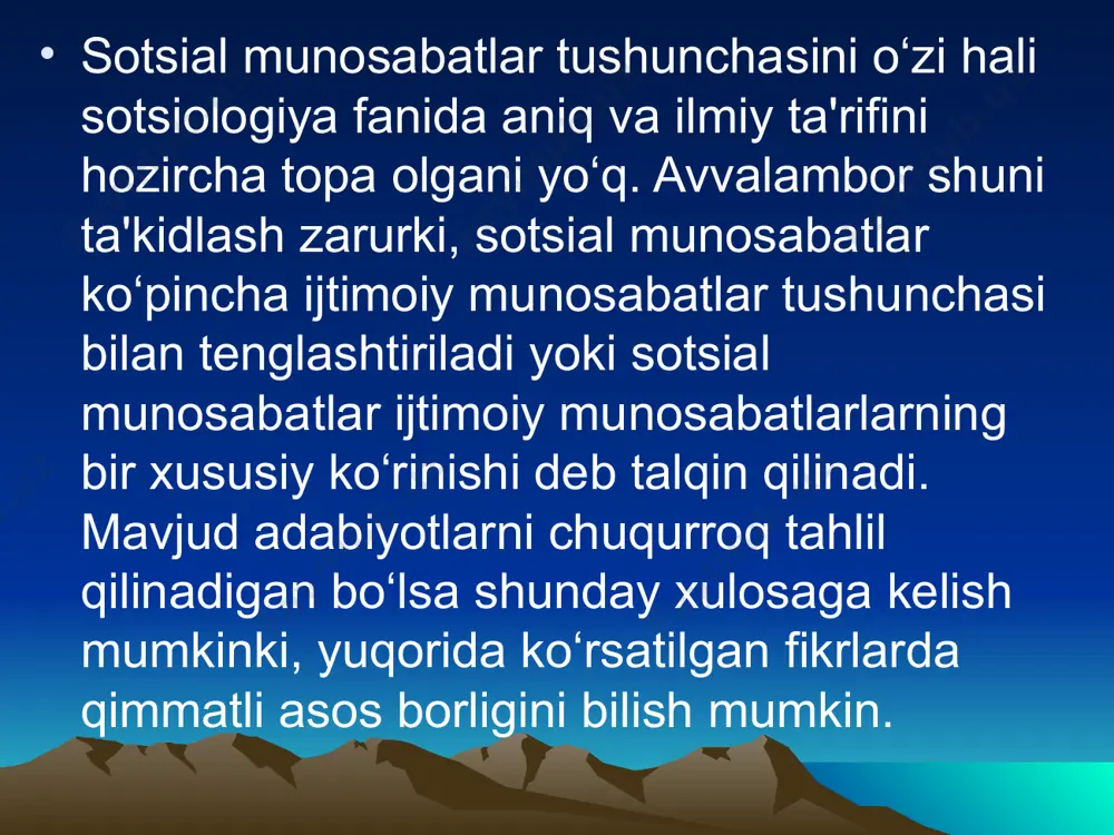 anqid qiladi. naturalizmning bu jiddiy kamchilik va jiddiy hatoliklarini bartaraf etish uchun fenomenologik sotsiologiya inson ongining faolligi muammo echimining asosiy omili deb isbotlashga intiladi. bu yo‘nalish vakillarning fikricha faqatgina insonning tafakkuri tufayli sotsial voqelikni va sotsial munosabatlarni, konstruksiyalash (yaratish) mumkin bo‘ladi. chunki sotsial real va sotsial munosabatlar insonning interpretatsiy faoliyat orqaligina vujudga keladi. fenomenologik sotsiologiyaning taniqli vakillaridai biri d. sylverman yuqoridagi g‘oyalarning asoslash uchun pozitivistik sotsiologiya nazariyasini tanqid qiladi. albatta, bu ijtimoiy fikrlar vujudga kelgandan beri ancha vaqtlar o‘tdi, yangi jug‘rofiy — siyosiy makonlar paydo bo‘ldilar eng muhimi esa totalitar tuzumi barham topib yangi davlatlar vujudga kelishdi, yangi jamiyatda bir partiyaviylik hukumdorligi emirildi va mustaqil suveren davlatlar bo‘ldilar. endi esa jamiyatdagi jarayonlarni, jumladan sotsial munosabatlar muammolarini keng plyuralistik prinsip orqali tadqiq qilish davri keldi. bu prinsip orqali, sotsial munosabatlarni muammo va vazifalarini turlicha tahlil qilish imkoniyati tug‘iladi. ushbu ijobiy imkoniyatlarning hosili sifatida respublikamizda sotsial munosabatlar muammolari jahon ilmiy tafakkurining har …