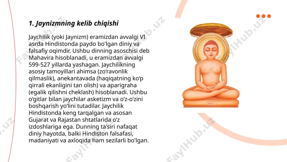 ko‘ra, ilm va axloqiy poklik ruhni tetiklashtirib, uni abadiyatga olib boradi. mokshaga erishish inson hayotidagi eng yuqori maqsad deb hisoblanadi. jayinizm hindistonning qadimiy falsafiy tizimlaridan biri hisoblanadi. ... t.me/slaydai_bot 7. jaynizmda zohidlik hayoti "jaynizmda zohidlik hayoti" mavzusi zohidlik va o'zini tiyishga asoslangan falsafani ko'rib chiqadi. jaynizm dini hindistonda paydo bo'lib, uning asoschilari zohidlikni hayotning markaziy tamoyili sifatida talqin qilishgan. jaynizmda 24 tirthankara bo'lib, ular orqasidan ergashganlar zohidlik orqali ruhiy poklanishga erishishga intilishadi. ushbu dinning izdoshlari parhez ta'minlash, hayvonlarni o'ldirmaslik va ozgina mulkka ega bo'lish kabi qoidalarga amal qilishadi. zohidlik hayoti orqali kishi karma yukini kamaytirishi va nihoyatda mokshada erishishi mumkin. jaynizmda zohidlik hayotining asosiy tamoyillari ahimsa (zo'ravonliksizlik), satya (haqiqat), asteya (o'g'irlik qilmaslik), brahmacharya (jinsoiy poklik) va aparigraxa (mulkdan voz kechish) hisoblanadi. ... t.me/slaydai_bot jaynistlar hindistonda paydo bo'lgan din tarafdorlari bo'lib, ularning yillik bayramlari muhim madaniy va diniy ahamiyatga ega. asosiy bayramlari navapad oli, mahavir jayanti, va paryushan dir. mahavir jayanti …