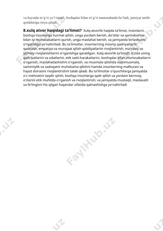 buyuk mutafakkirlarning qarashlari? o’zbek xalqi o’zining uzoq tarixi davomida yaratilgan ta’lim-tarbiyaga oid boy merosga ega. bundan tashqari, avlodlarda insonparvarlik, kamtarlik, mehnatsevarlik, do’stlik, iymone’tiqod, mehr-oqibat, odoblilik kabi umuminsoniy fazilatlarni shakllantirishning o’ziga xos tajribasini to’plagan. bizga ma’lumki, ma’naviy-axloqiy fazilatlar hech qachon o’z-o’zidan vujudga kelmaydi, balki ularning kelib chiqishining haqiqiy manbai, ularni keltirib chiqargan sabablar va harakatga keltiradigan kuchlar mavjuddir. xoja ahmad yassaviy o’zining ma’naviy-axloqiy qarashlari bilan bugungi kunda ham pedagogika faniga beqiyos qo’sha olganligi olib borilgan izlanishlardan ayon bo’lmoqda. “xoja ahmad yassaviyning nuqtai nazariga ko’ra ayyorlik, gunohlarni yashirish o’zgalarga xiyonat hisoblanadi. bu fikrlari bilan xoja ahmad yassaviy rostgo’ylik, halollik, o’z-o’ziga talabchanlikni targ’ib qiladi. 7. sharq mutafakkirlarining shaxs xulq-atvor haqidagiqarashlari? taʼkidlash lozimki, allomalarning shaxs maʼnaviy-ruhiy kamoloti borasidagi qimmatli fikrlari hozirgi kungacha oʻz oʻrni va ahamiyatiga egadir. jumladan, abu nasr farobiy, abu rayhon beruniy, abu ali ibn sino, yusuf xos hojib, jaloliddin rumiy, alisher navoiy, kabi mutafakkirlarning pedagogik-psixologik qarashlari bugungi kunda fan taraqqiyotining metodologik …