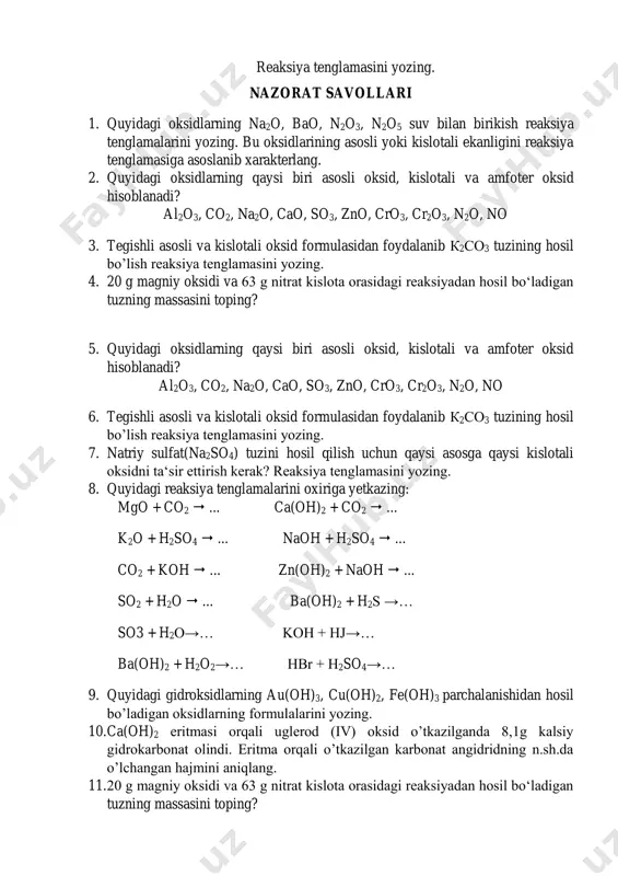 parchalanishidan hosil bo’ladigan oksidlarning formulalarini yozing. 10. ca(oh)2 eritmasi orqali uglerod (iv) oksid o’tkazilganda 8,1g kalsiy gidrokarbonat olindi. eritma orqali o’tkazilgan karbonat angidridning n.sh.da o’lchangan hajmini aniqlang. 11. 20 g magniy oksidi va 63 g nitrat kislota orasidagi reaksiyadan hosil bo‘ladigan tuzning massasini toping? 12. 12,8 g oltingugurt (iv) oksid olish uchun qancha oltingugurt va n.sh.da o’lchangan qancha qancha hajm kislorod kerak?