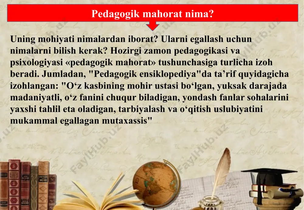 rt hurmati", "fidokorona xizmatlari uchun" ordeni bilan, "shuxrat" medali bilan taqdirlanganlar. alisher navoiyning yaqin do‘tsi kamoliddin husayn voiz al-koshifiy (taxm. 1440-1505 y.) bola tarbiyasida maktab va muallimning alohida o‘rni borligi haqida gapirib, muallimlar dono, bilimli, shirinsuxan, adolatli bo‘lishi zarur, deb hisoblaydi. 4. o‘qituvchi kasbining tarixiy taraqqiyoti va yo‘lining jamiyatda tutgan o‘rni x asrda yashab, ijod etgan mutafakkir, kamoliddin husayn voiz al-koshifiy alloma murabbiylar to‘g‘risida "axloqi muhsiniy" asarida shunday yozadi: "murabbiy (bolaga) nasihat va ta’lim berishda lutf va odob qoidalariga rioya qilishi darkor. jamoatchilik joylarida o‘quvchiga pand berish yaramaydi, balki xilvat joyda bolaga nasihat qilish zarur. agar (murabbiy) nasihat berishning fursati kelganini bilsa, unga muloyimlik bilan murojaat qilishi lozim, chunki bizning zamonamizda muloyim va xushfe’l bo‘lish maqsadga muvofiqdir". buyuk allomalardan abdurahmon jomiy o‘z asarlarida tarbiyachi muallim foaliyatiga quyidagicha ta’rif beradi: "muallim bilimli, aqlli, adolatli, o‘zida butun yuksak fazilatlarni mujassamlashtirgan bo‘lishi kerak. o‘zini nomunosib tutgan odam hech vaqt bolalarga bilim va odob …