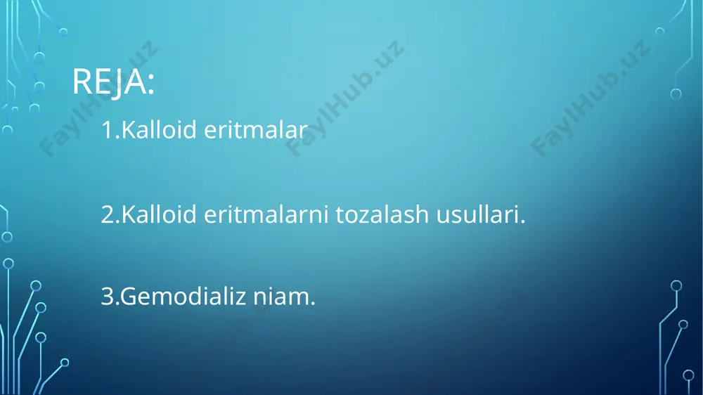 selluloza) ni tutadi. hayvonlar va o’simliklar taraqqiyoti ham kolloid-kimyoviy jarayonlarga asoslangan. gemodializ (gemo... va dializ) — qonni zaharli moddalardan tozalash, qon muhiti va suv-minerallar almashinuvini muvozanatlash usuli. asosan oʻtkir va surunkali buyrak yetishmovchiligidya, kislotalar, ishqorlar va b. moddalardan zaharlanganda, organizmga mos qelmaydigan qon quyilgan hollarda qoʻllaniladi. g.da vena yoki arteriya qoni maxsus kapillyarli dializatordan oʻtkazilib, qon tarkibidan ortiqcha suv, siydikchil va b. keraksiz moddalar soʻrib olinadi. surunkali buyrak yetishmovchiligida organizmni buyrakni koʻchirib oʻtkazishga tayyorlashda asosiy muolaja hisoblanadi. oʻtkir buyrak yetishmovchiligida g. qoʻllash zararlangan buyrakka dam berib, soʻngra uning faoliyati tiklanishiga olib keladi. image2.png /docprops/thumbnail.jpeg