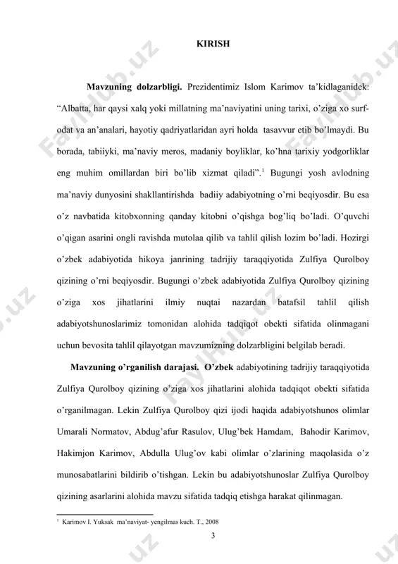 olboy qizi ijodida ayol timsoli hikoyalarida tasvirlangan jihatlarini tadqiq etiladi. bitiruv malakaviy ishining metodologik asosi va metodi. bitiruv malakaviy ishning metodologik asosini belgilashda o’zbekiston respublikasi prezidenti i. a. karimovning asarlari dasturiy qo’llanma bo’ldi. bitiruv malakaviy ishda tarixiy-qiyosiy metod asosiy tahlil usuli sifatida belgilandi. shu bilan birga, zulfiya qurolboy qizi ijodining o’ziga xos jihatlarini tadqiq etishda izzat sulton, umarali normatov, abdug’afur rasulov, hakimjon karimov , abdulla ulug’ov, xurshid do’stmuhammadlar o’zilarining ilmiy mulohazalarini bildirishga harakat qilishgan. himoyaga olib chiqilayotgan asosiy holatlar: 1. istiqlol davri milliy hikoyachiligining tadrijiy takomilida zulfiya qurolboy qizining hikoyanavislik mahorati masalalari tadqiq etildi. 2. zulfiya qurolboy qizi ijodida ayol timsoli atroflicha tahlil qilishga harakat qilindi. 3. ijodkor asarlarida badiiy tasvir vositalarning qo’llanishi va asar badiiy g’oyasini yuzaga keltirishdagi jihatlarini tadqiq etishga qaratildi. 4. zulfiya qurolboy qizi ijodida mavzular rang-barangli hikoyalari asosida tadqiq etildi. bitiruv malakaviy ishning ilmiy yangiligi. bitiruv malakaviy ishda zulfiya qurolboy qizining o’zbek milliy hikoyachiligining tadrijiy taraqqiyotida …