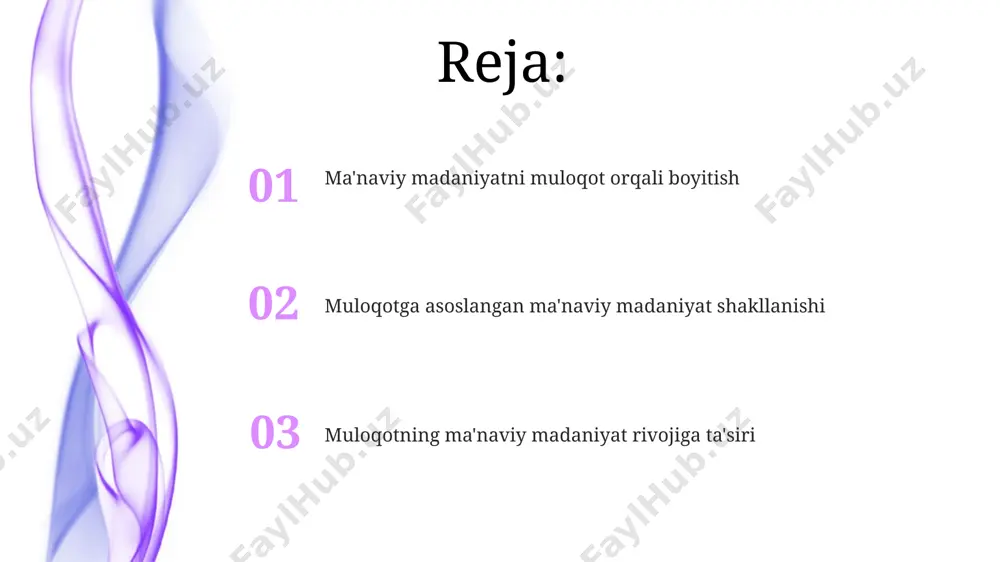 l va jamoaviy o'sishni ta'minlash mumkin. muloqotning ma'naviy taraqqiyotdagi roli muloqotning turli uslublari (masalan, konstruktiv va destruktiv muloqot) ma'naviy taraqqiyotga 2 xil ta'sir ko'rsatadi: biri taraqqiyotni tezlashtirsa, ikkinchisi sekinlashtiradi yoki to'xtatadi. muloqot, shaxsning 3 bosqichli ma'naviy kamol topish jarayonida, xususan, o'z-o'zini anglash, ijtimoiy moslashuv va transformatsiya bosqichlarida muhim vosita hisoblanadi. muloqotga asoslangan ma'naviy madaniyatning kelajagi muloqotga asoslangan ma'naviy madaniyat kelajagi, globalizatsiya jarayonlarida 30% ga yaqin insonlarning o'zaro tushunish va hamkorlikka bo'lgan ehtiyojini qondirishga xizmat qiladi. muloqotga asoslangan ma'naviy madaniyatning taraqqiyoti, ijtimoiy-madaniy ko'rsatkichlarning 15% ga o'sishi va tolerantlik darajasining yuqoriligi bilan bog'liq. yosh avlodni ma'naviy-axloqiy tarbiyalashda muloqotning ahamiyati yosh avlodni ma'naviy-axloqiy tarbiyalashda samarali muloqot, kamida 3 ta asosiy omil – o'zaro hurmat, faol tinglash va konstruktiv fikr almashishni o'z ichiga oladi, bu esa shaxsning 70% ga yaqin ijtimoiy moslashuvchanligini ta'minlaydi. muloqot orqali yoshlarda 5 ta asosiy qadriyat – vatanparvarlik, insonparvarlik, adolat, bilim va mehnatsevarlik singari muhim tushunchalarni shakllantirish va mustahkamlash mumkin, …