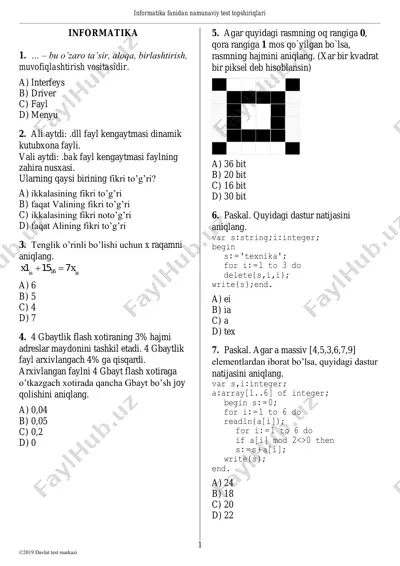 informatika fanidan namunaviy test topshiriqlari — PDF