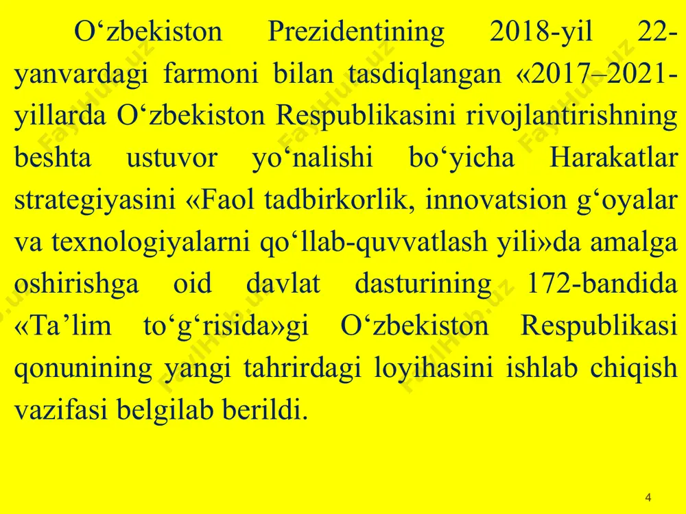 majburiy bo‘lgan o‘n bir yil davomida amalga oshiriladi. o‘rta maxsus ta’lim akademik litseylarda to‘qqiz yillik tayanch o‘rta ta’lim asosida ikki yil mobaynida amalga oshiriladi va ta’lim oluvchilarning intellektual qobiliyatlarining jadal rivojlanishini, shuningdek chuqur, tabaqalashtirilgan, kasb-xunarga va shaxsga yo‘naltirilgan ta’lim olishini ta’minlaydi. nodavlat ta’lim tashkilotlarida umumiy o‘rta va o‘rta maxsus ta’lim to‘lov-shartnoma asosida amalga oshirilishi mumkin * iqtidorli va iste’dodli bolalarning qobiliyatini rivojlantirish uchun prezident, ijod va boshqa ixtisoslashtirilgan maktablar, shuningdek maktab-internatlar tashkil etilishi mumkin. jismoniy, aqliy, sensor (sezgi) yoki ruhiy nuqsonlari bo‘lgan bolalar, shuningdek uzoq vaqt davolanishga muhtoj bo‘lgan bolalar davlat ixtisoslashtirilgan ta’lim muassasalarida, umumiy o‘rta va o‘rta maxsus ta’lim tashkilotlarida inklyuziv shaklda yoki uy sharoitlarida yakka tartibda ta’lim oladi. umumiy o‘rta ta’lim tashkilotlarining sinflarida (guruhlarida) ta’lim oluvchilar soni o‘ttiz besh nafardan oshmasligi kerak. * professional ta’lim professional ta’lim egallanadigan kasb va mutaxassislik bo‘yicha quyidagi darajalarni o‘z ichiga oladi: boshlang‘ich professional ta’lim; o‘rta professional ta’lim; o‘rta maxsus professional ta’lim. boshlang‘ich …