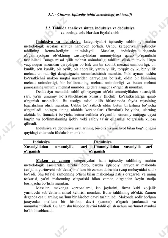 ko‘rsatkichlarga qarab o‘rganish tushiniladi. bu usulga misol qilib birlashmada foyda rejasining bajarilishini olish mumkin. ushbu ko‘rsatkich oldin butun birlashma bo‘yicha o‘rganiladi, so‘ngra uning alohida korxonalari (firmalari) bo‘yicha, ularning alohida bo‘linmalari bo‘yicha ketma-ketlikda o‘rganilib, umumiy natijaga qaysi bug‘in va bo‘linmalarning ijobiy yoki salbiy ta’sir qilganligi to‘g‘risida xulosa qilinadi. induksiya va deduksiya usullarining bir-biri va amaliyot bilan bog‘liqligini quyidagi chizmada ifodalash mumkin: induksiya deduksiya xususiylikdan umumiylik sari o‘rganish umumiylikdan xususiylik sari o‘rganish makon va zamon kategoriyalari ham iqtisodiy tahlilning muhim metodologik asoslaridan biridir. zero, barcha iqtisodiy jarayonlar makonda (xo‘jalik yurituvchi sub’ektda) ma’lum bir zamon doirasida (vaqt mobaynida) sodir bo‘ladi. shu tufayli zamonning o‘tishi bilan makondagi natija o‘zgaradi va uning teskarisi, ya’ni makonning o‘zgarishi bilan zamon o‘tgandan keyin natija boshqacha bo‘lishi mumkin. masalan, makonga korxonalarni, ish joylarini, firma kabi xo‘jalik yurituvchi sub’ektlarni misol keltirish mumkin. bular tahlilining ob’ekti. zamon deganda esa ularning ma’lum bir hisobot davri tushiniladi. makonda sodir bo‘lgan jarayonlar ma’lum bir …