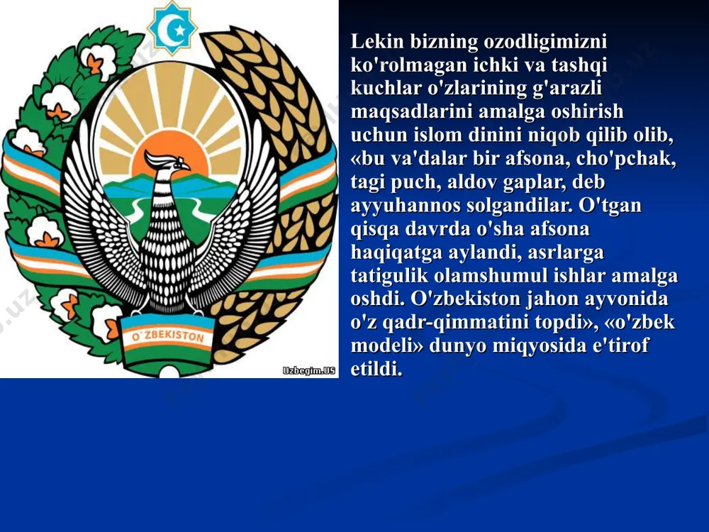 tadigan bo‘lsak, vatanimiz mustaqilligi, ta’bir joiz bo‘lsa, yangi hayot, yangi jamiyat binosi uchun zamin bo‘lgan hal qiluvchi dasturiy maqsad va g‘oyalarni islom karimov o‘sha dolg‘ali yillardayoq, uzoqni ko‘rgan holda, o‘ziga nechog‘lik aniq-ravshan tasavvur etgani mazkur to‘plamning har bir sahifasidan bamisoli “qizil ip” bo‘lib o‘tishini ta’kidlash o‘rinlidir. shu davr mobaynida o‘lkamizda ro‘y bergan farg‘ona, guliston, bo‘ka, o‘sh, namangan voqealari paytida, tarixda “gkchp” deb nom olgan, sssr davlatining so‘nggi kunlarida bir guruh imperiyaparast kuchlar tomonidan amalga oshirilgan siyosiy to‘ntarish chog‘ida va boshqa shu kabi o‘ta keskin vaziyatlarda islom karimovning yakkayu yagona to‘g‘ri yo‘lni topa olgani, xalqimizning tinchligi va xavfsizligini ta’minlash uchun kechayu kunduz tinimsiz mashaqqatli faoliyat olib borganini tasdiqlaydigan tarixiy manbalar ham ushbu kitobda o‘z aksini topgan. mamlakatimizni jar yoqasiga olib kelib qo‘ygan og‘ir ijtimoiy-iqtisodiy ahvolni o‘nglash, xalq dardiga darmon bo‘lish, yillar davomida yechilmasdan kelgan muammolarni hal etish maqsadida aholiga uy-joy qurish uchun uchastka maydonlari va tomorqa yerlari ajratish, paxta yakkahokimligiga barham …