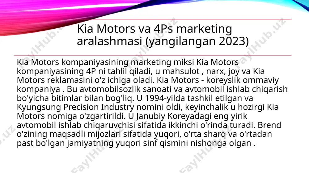 chiga oladi. kia motors maxsus o'qitilgan ellik ming xodimni ta'minlaydigan samarali ishchi kuchiga ega. janubiy koreyaning namyang shahrida ilmiy-tadqiqot instituti va germaniya, yaponiya va aqshda tadqiqot markazlari mavjud. shuningdek, u vetnam, urugvay, rossiya, malayziya, eron va ekvador kabi joylarda avtomobil to'plamlaridan foydalangan holda mahalliy bozorlarda ishlab chiqaradi. kia motors avtomobillarini bir nechta avtosalonlarda osongina sotib olish mumkin va ularni onlayn avto-savdo portallari orqali ham bron qilish mumkin. kia motorsning joylashuv strategiyasi quyidagicha: global ishlab chiqarish va yig'ish zavodlari tarmog'i : kia motors strategik jihatdan muhim global bozorlarda, masalan, janubiy koreya, aqsh, yevropa va hindistonda ishlab chiqarish va yig'ish zavodlarini tashkil qiladi. ushbu yondashuv logistika xarajatlarini minimallashtiradi va mahalliy bozorlarga tezroq yetkazib berishni ta'minlaydi. keng dilerlik tarmog'i : kia turli qit'alar bo'ylab keng tarqalgan dilerlik tarmog'iga ega, jumladan, osiyo, yevropa, shimoliy amerika va boshqa mintaqalarda mashhur. ushbu keng tarmoq mijozlar uchun qulay foydalanishni osonlashtiradi va bozorga kirishni kuchaytiradi . mahalliy dilerlar …