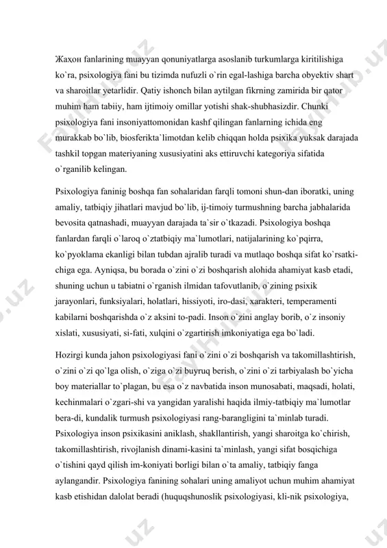 adi. psixologiya inson psixikasini aniklash, shakllantirish, yangi sharoitga ko`chirish, takomillashtirish, rivojlanish dinami-kasini ta`minlash, yangi sifat bosqichiga o`tishini qayd qilish im-koniyati borligi bilan o`ta amaliy, tatbiqiy fanga aylangandir. psixologiya fanining sohalari uning amaliyot uchun muhim ahamiyat kasb etishidan dalolat beradi (huquqshunoslik psixologiyasi, kli-nik psixologiya, mehnat psixologiyasi, savdo psixologiyasi, sotsial psixologiya, pedagogik psixologiya, maxsus psixologiya, sport psixo-logiyasi va hokazo). psixologiya amaliy, tatbiqiy jihatdan o`z pred-metiga ega bo`lib, amaliy sotsial psixolog, injener (muhandis) psi-xolog, oilaviy psixoterapevt, tibbiyot psixologi, maktab psixologi kabi sohalarni o`z ichiga qamrab olgandir. yuqorida bildirilgan fikrlarga yakun yasab, shu narsani alohida ta`kidlab o`tish kerakki, psixologiya fani ko`hna tarixga ega bo`li-shiga qaramay, u juda navqiron fandir, chunki ilmiy psixologiya nemis psixologi v. vundt tomonidan 1879 yilda leypsig (germaniya) universitetida asos solingan birinchi eksperimental labora-toriya ochilishidan boshlanadi. shuning uchun endigina refleksiyani (lotincha gepexiz o`zining ruhiy holatini tahlil qilish degani) il-miy jihatdan o`rganishni psixologiya fani predmeti tarkibiga ki-ritish davri (mavridi) keldi. psixologiya fani …