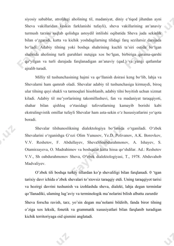 turkiy tillardan ko’p shevaliligi bilan farqlanadi. 0 ‘tgan tarixiy davr ichida o’zbek shevalari to’xtovsiz taraqqiy etdi. uning taraqqiyot tarixi va hozirgi davrini tushunish va izohlashda sheva, dialekt, lahja degan terminlar qo’llanadiki, ulaming lug’aviy va terminologik ma’nolarini bilish albatta zarurdir sheva forscha ravish, tarz, yo’sin degan ma’nolami bildirib, fanda biror tilning o’ziga xos leksik, fonetik va grammatik xususiyatlari bilan farqlanib turadigan kichik territoriyaga oid qismini anglatadi. shevalar har bir milliy tilning asosini tashkil etadi hamda u milliyma’naviy qadriyatimiz hisoblanadi. aslida ham ona tili deganda sheva tushunilishi haqiqatga yaqindir. shuning uchun ham uni asrab-avaylash, qadrlash zarur. bu haqda yurtboshimiz i.a. karimovning: “jfamiki ezgu fazilatlar inson qalbiga, avvalo, ona allasi, ona tilining betnkror jozibasi bilan singadi. ona tili - bu millatning ruhidir”1 - degan so ‘zlarini eslash o’rinlidir. 0 ‘zbeklar hozirgi 0 ‘zbekiston respublikasi, markaziy osiyo mamlakatlarida, afg’oniston, turkiya, saudiya arabistoni, avstraliya, xitoy uyg’uristonida va boshqa mamlakatlarda istiqomat qiladilar. albatta, ularing tili o’zbek …