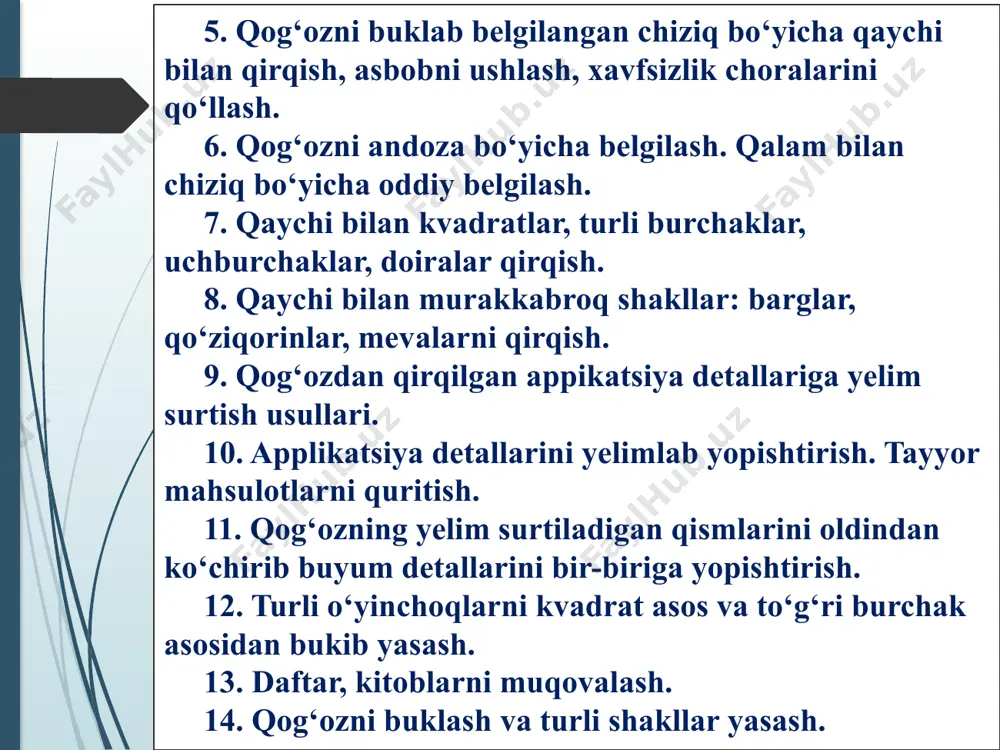 zning qimmatbaho va maxsus navlarini ishlab chiqarishda fondalaniladi. poxoldan karton, o’ram qog’ozlari tayyorlanadi. makulatura turli navdagi qog’ozlarni tayyorlashda yaxshi xom ashyo hisoblanadi. poxol va asosan yog’ochdan qog’oz ishlab chiqarishning asosiy xom ashyosi bulgan tsellyuloza tayyorlanadi. qog‘oz va karton faqat poligraf san’atidagina emas, balki, xalq xo‘jaligining hamma tarmoqlarida ham keng qo‘llaniladi. hozirgi kunda ishlab chiqarish sanoatida qog‘oz va kartonning ikki yuzga yaqin turi ishlab chiqarilmoqda. turli xil qog‘ozlardan kitoblar, oynomalar, ro‘znomalar chiqarish uchun foydalanishini barcha o‘quvchilar yaxshi biladilar. shuning uchun ham mehnat ta’limi darslarida o‘qituvchi o‘quvchilarning diqqat-e’tiborini ular foydalanadigan qog‘ozning turmushda tez-tez uchraydigan va qo‘l mehnati darslarida ishlatiladigan turlariga jalb qilib borishi lozim. bu qog‘ozlarning turlari quyidagilardan iborat: yozuv qog‘ozi – sathi silliq, yelim singdirilgan, namlikni kamroq singdiradi. narsalarni ixtirolashda, muqovalashda, kartondan yasalgan narsalarni yelimlashda juda qulaydir. rangli qog‘ozi – turli ranglarda bo‘ladi, jilo berilgan rangli qog‘ozning o‘rinini bosa oladi. qo‘l mehnati darslarida ko‘p ishlatiladi. gazeta qog‘ozi – eng ko‘p tarqalgan …