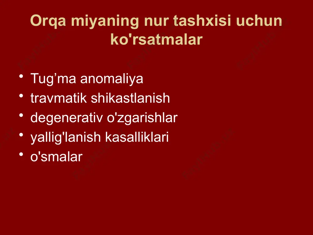 ma qon subaraxnoid bo'shliqda va ehtimol miya qorinchalarida ikkilamchi vazospazm sagda o'limning asosiy sababidir rentgenologik belgilar: o'tkir bosqich uchun kt o’tkir osti va surunkali bosqichlar uchun mri giperdens likvor qorinchalardagi suyuqlik-suyuqlik darajasi miya kontuziyasi lokalizatsiya oldingi temporal bo’laklar (50%) frontal bo’laklarning bazal qismlari (30%) miya stvoli vaqt o'tishi bilan rasm o'zgaradi: birinchi navbatda kompyuter tomografiyasi normal, keyin qon ketishi bilan o’zgargan joylar miya shishi vazogenik (jarohatlanganda darhol rivojlanadi) oq modda ishtirok etadi sitogen (bir necha soat ichida rivojlanadi) kulrang modda ishtirok etadi o’qab (insult) bu miyaning tez rivojlanayotgan fokal yoki global disfunktsiyasi bo'lib, 24 soatdan ortiq davom etadigan yoki kasallikning boshqa genezisi (jsst ta'rifi) chiqarib tashlansa, o'limga olib keladi. ishemik insult (o'tkir serebrovaskulyar etishmovchilik, miya infarkti) miya qon aylanishining o'tkir buzilishi, miya to'qimalarining shikastlanishi va qon ta'minotining yetarli emasligi, miya tomirlarining trombozi yoki emboliyasi tufayli uning funktsiyalarining buzilishi. diagnostika usullari - kompyuter tomografiyasi, magnit-rezonans tomografiya kompyuter tomografiyasi. ishemik insult. kt …