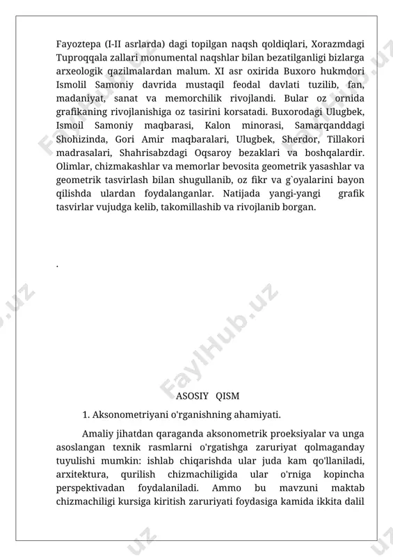 yayalar. 2.aksonometrik proektsiyaning turlarini o'rgatish. maktab chizmachilik kursida o'quvchilar aksonometrik proeksiya-ning ikki turi-qiyshiq burchakli dimetrik proeksiyalar va to'g'ri burchakli izometrik proeksiyalarni o'rganadilar. ma'lumki, kasb-hunar kollejlarining muhandislik grafikasi fanlari chuqur o`rganiladigan yo`nlishlarida aksonometrik proekciyalar mavzusiga alohidama'ruza va amaliy mashg'ulotlar ajratiladi. shu yo'l bilan ushbu tasvir yasash usullarini chuqur nazariy asoslari o'rganiladi. yuqoridagilami hisobga olib mavzuni o'rganish metodika-siga birmuncha kengroq toxtalamiz. darsda aksonometrik va kompleks chizmalarni oquvchilar bilan birgalikda tahlil qilish o'quvchilarning mavzuni oson o'zlashtirishlariga hamda kompleks va aksonometrik tasvirlar osonlashtiradi. aksonometrik proektsiya mavzusini o'rgatishda ularni namoyish qiluvchi ko'rgazmalardan foydalanish. aksonometrik proeksiyalar mavzusini o'rganishda ulami namoyish qiluvchi ko`rgazmalardan foydalanilsa yaxshi natijalarga erishish mumkin (67-68-shakl ) qiyshiq burchakli frontal dimetrik proeksiyaning hosil bo'lishi model yordamida qiyshiq burchakli frontal dimetrik proeksiyani hosil qilish uchun predmetning oldingi qirrasi proeksiyalar tekisligiga parallel, proeksiyalovchi nurlar esa tekislikka o'tkir burchak ostida yo'naltiriladi. bu holda oldingi qirra tekislikka haqiqiy kattalikda proeksiyalanadi, yon va yuqorigi qirralarining kattaliklari esa o`zgaradi (67-shakl). …