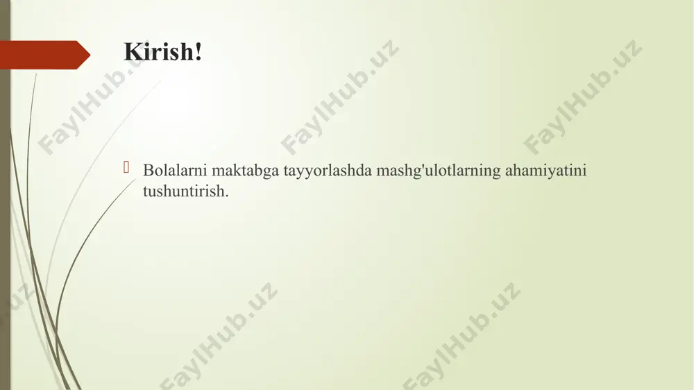 matn o‘qish bilan shug'ullanish ularni ilm-fanga tayyorlaydi kreativlik va ijodkorlik. mashg‘ulotlar bolalarda ijodiy fikrlash va kreativlikni rivojlantiradi. tasviriy san’at, musiqiy mashg‘ulotlar yoki drama kabi faoliyatlar bolalar uchun o‘zlarini yangi yo‘llar bilan ifoda etish imkoniyatini beradi. mustaqillik va mas’uliyat. bolalar mashg‘ulotlar orqali o‘z ustida ishlashni o‘rganadilar, mas’uliyatni his qilishadi va o‘zining qarorlarini qabul qilishga o‘rgatadilar. bu, albatta, maktabda o‘zgaruvchan muhitga moslashishda yordam beradi. xulosa. umuman olganda, bolalarni maktabga tayyorlashda mashg‘ulotlarning o‘rni faqat akademik bilimlarni mustahkamlash bilan cheklanmaydi, balki ular bolalar uchun kompleks rivojlanish imkoniyatlarini yaratadi. mashg‘ulotlar bolalar uchun kelajakda muvaffaqiyatli, sog‘lom va baxtli hayotga yo‘l ochadi. /docprops/thumbnail.jpeg