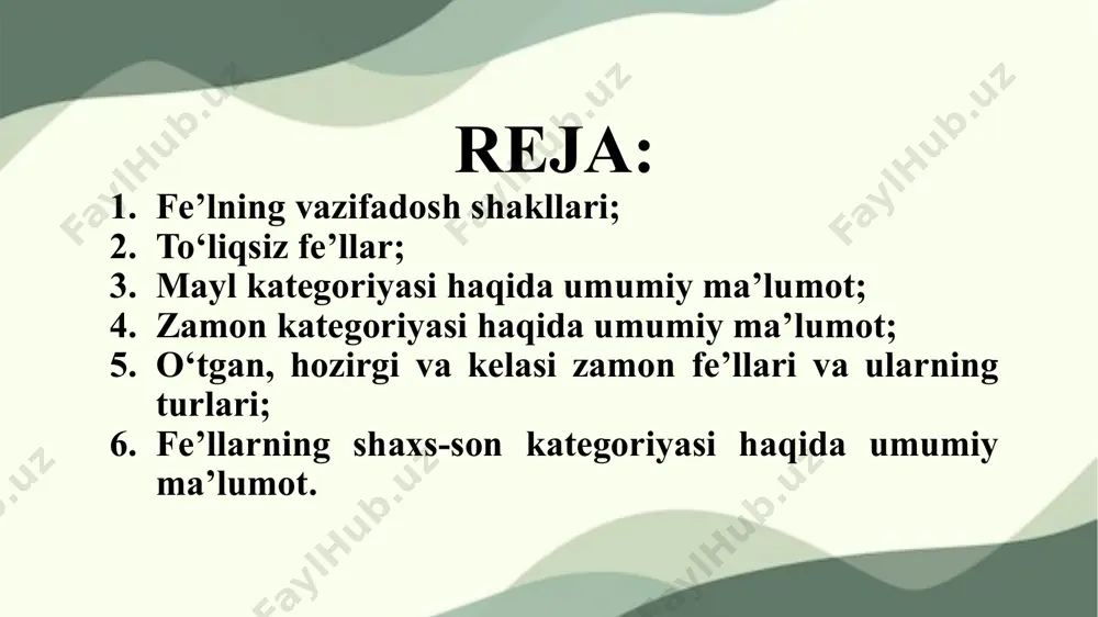 ekansan (eding, emishsan). to'liqsiz fe'llar yetakchi fe'ldan ajratib yoziladi: borgan edi, borar emish. agar to'liqsiz fe'l asosida tovush tushsa, qoʻshib yoziladi: borgan edi - borgandi, borar emish - borarmish mayl kategoriyasi haqida umumiy ma’lumot mayl shakllari - fe'l asosida ifodalangan harakat-holat haqidagi xabar, buyruq-istak, shart ma'nolarini ifodalovchi fe'l shakllari. fe'llarning to'rtta mayl shakli mavjud: xabar mayli (ijro mayli) buyruq-istak mayli shart mayli maqsad mayli xabar mayli xabar mayli (ijro mayli) – harakat va holatning bajarilishi yoki bajarilmasligi haqidagi xabar, darakni ifodalovchi fe'l shakli. harakatning ijro qilish-qilinmasligini bildiradi. bu mayl fe'l asosiga zamon va shaxs-son qoʻshimchalarini qoʻshish orqali shakllanadi. masalan: bola chaqqonlik bilan oʻzini suvga otdi. nigoraning qop-qora ko'zlari doimo chaqnab turadi. xabar maylining maxsus qoʻshimchasi yoʻq. zamon + shaxs-son = xabar mayli xabar mayli har uch zamonni ham bildiradi. xabar maylini hosil qiluvchi zamon qoʻshimchalari xabar maylining o'tgan zamon shakllari xabar maylining hozirgi zamon shakllari xabar maylining kelasi zamon shakllari …