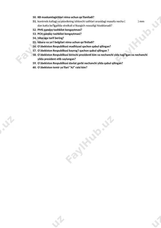 kt tarmoq tayanchining ichki chetigacha bo’lgan masofa kamida necha ( )mm bo’lishi kerak? 25. svetoforlar vazifasiga ko’ra turlari? 26. strelkali o’tkazgich qism elementlarini almashtirish nechta davrda amalga oshiriladi ular qaysilar? 27. temir yo’l tarxni to’g’irlashda qanday asbobdan foydalaniladi? 28. temir yo’lni bo’ylama qirqimini to’g’irlash qanday asbobdan foydalaniladi? 29. strelkali o’tkazgich romli relslarni almashtirishda necha kishidan iborat guruh ish olib boradi? 30. milli o’tkazgich ostryak (ayri) relsini almashtirishda necha kishidan iborat ishchi guruh ish olib boradi? 31. kontrrelsni almashtirishda nechta yo’l mantyoridan iborat ishchi guruh tamonidan olib boriladi? 32. rels nuqsonlari tasnifi necha guruhga bo’lib o’rganiladi? 33. shpallarda yuzaga keladigan nuqsonlar nechta guruhga bo’linadi? 34. strelkali o’tkazgichlarda necha m dan boshlanib va necha m da tugaydigan bruslardan foydalaniladi? 35. r-65 relsi nakladkasi uzunligi necha mm tashkil qiladi ( 6 teshikli)? 36. r- 65 relsi nakladkasi uzunligi necha mm tashkil qiladi ( 4 teshikli)? 37. r- 50 relsi nakladkasi uzunligi necha mm …