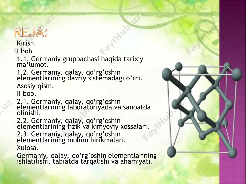 'sir etmaydi, chunki uning sirtida ximoya qiluvchi oksid parda xosil buladi. u konsentrlangan sulfat kislotada asta-sekin eriydi. ge + 4h2so4 = ge(so4)2 + 2so4 + 4h2o germaniy ishqor eritmalarida juda sekin, h2o2 ishtirokida tez erib ketadi. ge + 4h2o + 2koh = 2h2 + k2[ge(oh)6] ge + 2h2o2 + 2koh = k2[ge(oh)6] qo’rg’oshin rudalardan ajratib olish oson bo’lganligi uchun qo’rg’oshin insonlarga qadim zamonlardan beri ma’- lum. u faqat birikmalar holida uchraydi. qo’rg’oshinning eng muhim minerali galenit yoki qo’rg’oshin yaltirog’i pbs dir. germaniy asosan yarim utkazgich tayyorlashda ishlatiladi. qalay-tabiatda asosan qalaytosh sno2 xolida uchraydi va shu birikmadan yuqori xaroratda kumir bilan kaytarib olinadi. 2c + sno2 = 2co + sn qalayga oddiy xaroratda kislorod ta'sir etmaydi. yuqori xaroratda kuchli oksidlovchilar qalayni oksidlab, uni ikki va turt valentli birikmalarini xosil qiladi: 2sn + o2 = 2sno sn + o2 = sno2 qalay kislorod bilan ikki xil birikma xosil qiladi; qalay (ii)-oksidi - …