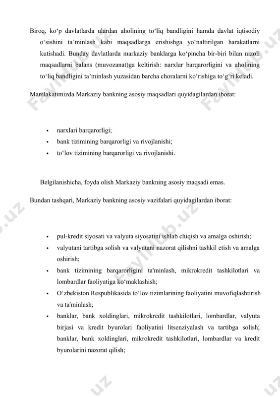 faoliyati bilan shug‘ullanish; · uchinchi shaxslarga, shu jumladan o‘zbekiston respublikasi hukumatining majburiyatlari bo‘yicha kafolatlar berish; · banklar va boshqa yuridik shaxslarning kapitalida ishtirok etish, bunda valyuta birjasi kapitallaridagi ishtirok etish istisnodir. markaziy bank o‘zbekiston respublikasi prezidentiga va o‘zbekiston respublikasi oliy majlisi senatiga hisobot beradi. oliy majlis senati o‘zbekiston respublikasi prezidentining taqdimnomasiga binoan markaziy bank raisini lavozimga tayinlaydi va lavozimidan ozod qiladi; yillik hisobotni, shuningdek auditor xulosasini ko‘rib chiqadi. markaziy bank o‘z vakolatlari doirasida qarorlarni qabul qilishda mustaqildir. davlat markaziy bankning va markaziy bankning davlatning majburiyatlari bo‘yicha, agar ular o‘zlari bunday majburiyatlarni o‘z zimmalariga olgan bo‘lmasa yoki qonun hujjatlarida boshqacha tartib nazarda tutilgan bo‘lmasa, javobgar emas. markaziy bankning auditi har yili mustaqil nazorat tashkilotlari tomonidan amalga oshiriladi. modomiki, davlat qonun yaratuvchi va ularning bajarilishini nazorat qiluvchi organ hisoblanar ekan, u moliyaviy tizimni tartibga solish bo‘yicha to‘liq javobgardir. dunyoning eng taraqqiy etgan mamlakatlaridan biri bo‘lgan aqshda ham, boshqa davlatlarda ham moliyaviy tizimni …