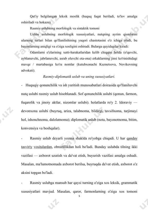 'ozlarining sintaktik tuzilishi qat'iy qoliplarga bo'ysunadi. masalan, «ushbu ma'lumotnomani ko'rsatuvchi g'. mo'minov haqiqatan ham o'zbekiston milliy universitetining matematika fakultetida dekan o'rinbosari lavozimida ishlaydi...» publitsistik uslub va uning xususiyatlari. publisistika (lat. «xalq, omma») davrning eng muhim, dolzarb masalalarini o`quvchilarga, tinglovchilarga, tomoshabinlarga gazeta-jurnal, radio, televideniye orqali yetkazish, ommani jonlantirish, kishilarning ongiga atrofda sodir bo`layotgan voqealarni singdirish, ularning ijtimoiy qarashlarini shakllantirish uchun xizmat qiladi. ommaviy axborot vositalarida (gazeta-jurnal, radio, televideniye), oliy majlis yig`inlarida, turli xil anjumanlarda qo`llaniladigan nutq uslubi publitsistik uslub sanaladi. publitsistik uslub ikki xil shaklda namoyon bo`ladi: 1) yozma shakl; 1. og`zaki shakl; ijtimoiy-siyosiy masalalarga bag`ishlangan bosh maqolalar, felyeton va pamfletlar, murojaatnomalar, chaqiriqlar, deklaratsiyalar publitsistik uslubning yozma shakliga mansubdir. radio va televideniyeda chiqayotgan siyosiy sharhlovchilar, notiqlarning nutqlari esa publitsistik uslubning og`zaki shaklidir. publitsistik uslubning o`ziga xos xususiyati shundaki, u muayyan ijtimoiy masalalarga faol munosabatda bo`lish, hozirjavoblik, ta’sirchanlik belgilariga ega. bunday nutq uslubida ijtimoiy-siyosiy tushunchalarni ifodalovchi so`zlar ko`proq qo`llaniladi. m., isyon, irqchilik, …