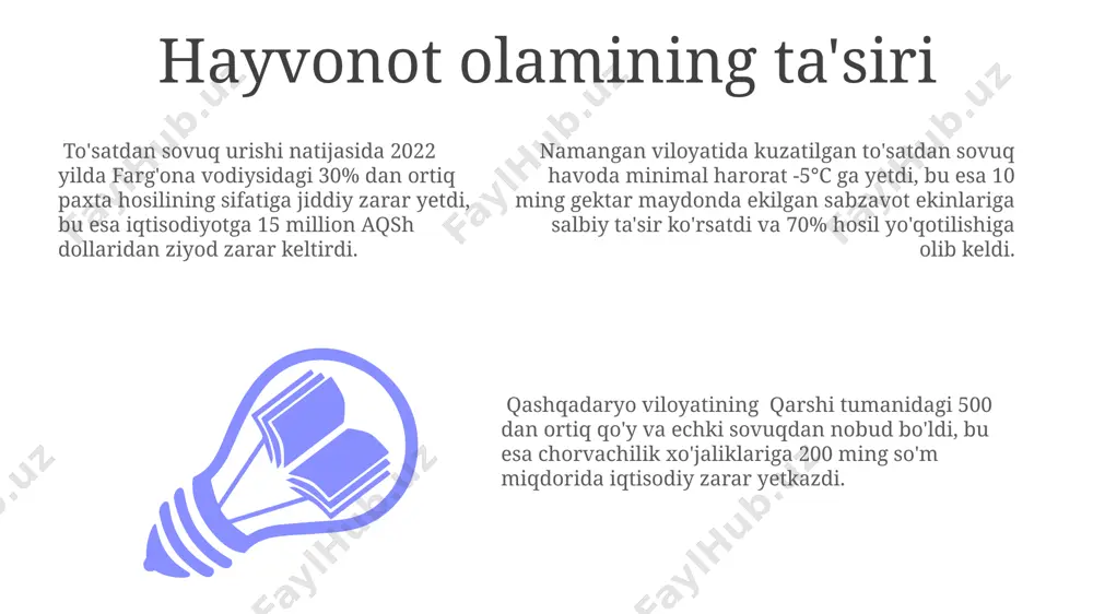yurak-qon tomir kasalliklari xavfini, xususan, 65 yoshdan oshgan samarqand viloyati aholisi uchun oshiradi. to'satdan sovuq havoda 5-15% gacha o'sish kuzatiladigan nafas yo'llari kasalliklari, ayniqsa, toshkent shahri aholisi orasida, grip va pnevmoniya holatlarining ko'payishiga olib kelishi mumkin. e'tiboringiz uchun rahmat @taqdimot_robot image1.jpeg image2.jpeg image3.jpeg