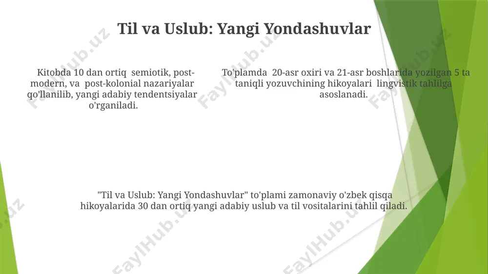 muammolari aks etadi. oʻzbek qisqacha hikoyalarida psixologik realizm, postmodernizm va metafiksiya kabi adabiy uslublarning qoʻllanilishi kuzatiladi, bu hikoyalarga yangi badiiy ifoda usullarini olib kirmoqda. son jihatidan, 21-asrda nashr etilgan qisqacha hikoya toʻplamlari soni 1990-yillarga nisbatan sezilarli darajada ortgan boʻlib, bu janrning ommalashuvini koʻrsatadi. qahramonlar: individualizm va jamiyat "qahramonlar: individualizm va jamiyat"da 30 dan ortiq qisqa hikoya zamonaviy o'zbekiston hayotiga oid ijtimoiy muammolarni, individualizm va jamiyat o'rtasidagi ziddiyatlarni aks ettiradi. hikoyalardagi qahramonlarning 70% dan ortig'i yosh avlod vakillari bo'lib, ularning ichki dunyosi, umidlari va muammolari realistik tarzda tasvirlangan. kitobda 5 ga yaqin turli yozuvchilarning asarlari to'plangan bo'lib, ularning har biri o'ziga xos badiiy uslub va mavzuga ega, postmodernizm elementlarini o'z ichiga oladi. adabiy tanqid va bahslar “adabiy tanqid va bahslar” jurnali 1990-yillardan beri adabiyotshunoslik sohasidagi muhim voqealarni, 20 dan ortiq tanqidchi va adabiyotshunos olimlarning fikrlarini yoritib keladi. jurnal, o'zbek adabiyoti tarixida 30 dan ortiq yil davomida mavzuga oid 100 dan ziyod …