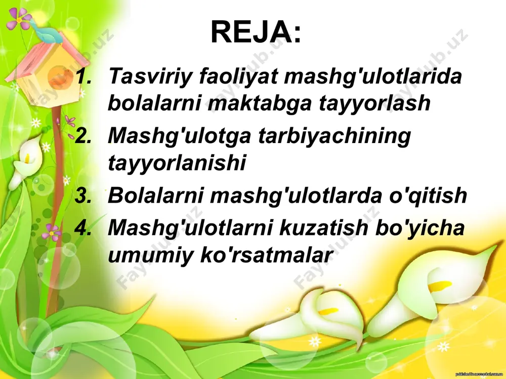smga qarab hikoya qilish, kitobdagi illustratsiyalami ko'rib chiqish jarayonida tanishadilar. maktabda tasviriy san'atning turlari - rangtasvir, grafika, haykaltaroshlik va dekorativ san'at asarlari bilan yanada chuqurroq tanishadilar. maktabgacha ta'lim muassasasida tasviriy faoliyal mashg'ulotlari xilma-xildir. masalan, rasm, mazmunli dekorativ va loy applikatsiya mashg'ulotlari. maktabgacha ta'lim muassasalarida barcha mashg'ulotlarga katta ahamiyat beriladi. maktabda esa tasviriy san'at darslarida rasm (naturaga qarab) mavzu asosida va dekorativ turlari o'tkaziladi. bunda predmetli rasm bo'yicha naturaga qarab rasm chizish o'quv predmeti alohida ahamiyatga ega bo'ladi. loy applikatsiya, qurish-yasash bo'yicha amaliy ishlar maktabda qo'l mexnatiga kiritiladi. boshlang'ich sinf tasviriy san'at dasturining tahlili shuni ko'rsatadiki, predmetli, rasm bo'yicha o'quv vazifalari ancha murakkab tarzda kiritilishidan tashqari, bolalar bog'cha dasturi bo'yicha ayrim takrorlash ishlari kiritildi. 1-sinfda bolalar doira, kvadrat, to'rtburchak, oval kabi tuzilishga ega bo'lgan predmetlami aniqlashga o'rganadilar, bog'chada bolalar oldiga qo'yilgan vazifa rasm chizish texnikasini egallashdir. bunga sabab, hamma bolalar bog'chadan maktabga kelmaydilar va shu bois bolalar bilan ishni maktabga kelguncha, …