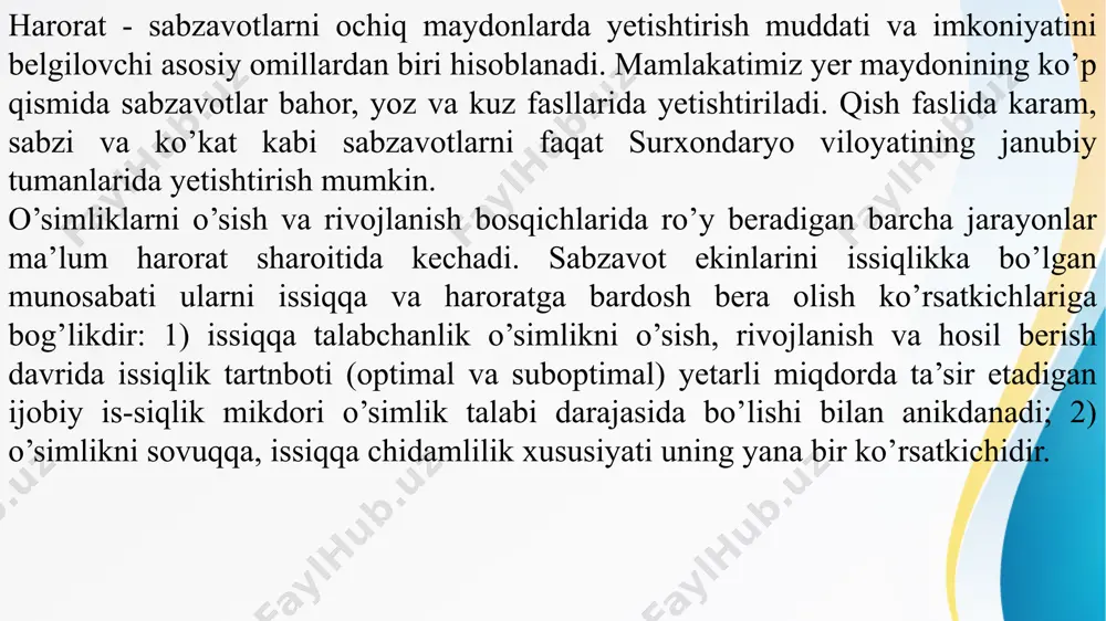 o’plashlariga sarflanuvchi mikdordir. buni transpiratsiya mahsuldorligi (1 l suv sarflashda to’planadigan quruq moddalar mikdori) transpiratsiya koeffitsient (quruq moddalar birligiga sarflanadigan suv miqdori) va sarflanadigan suv koefitsienti (1 t tovar hosil shakllanishiga o’simliklar va tuproq bug’latadigan suv miqdori) iboralari bilan ifoda qilinadi. transpiratsiya mahsuldorligi ko’pchilik sabzavotlarda 2-3ig/l ni, transpiratsion koeffitsient esa kartoshkada 285-575, karamda- 250-600, tarvuzda- 570-600, pomidorda 550-650, bodringda i700g/l dan ortiq. bular o’simliklarni yetishtirishisharoitiga, biomassalari hosiliga, fotosintez mahsuldorligiga bog’liq holda o’zgaradi. o’simliklar barcha a’zolarinitshakllantirishlari uchun o’zidan o’tkazadigan suv miqdoriningifaqat 0,1-0,3 % idan foydalanadi. sabzavot ekinlarining tuproq namiga bo’lgan munosobatlaridan amalda to’g’ri foydalanish maqsadida ular quyidagi to’rt guruhga bo’linadi: 1) juda talabchanlar: karamning barcha turlari, bodring, ko’kat ekinlar, turp, sholg’om; 2) talabchanlar: piyoz, sarimsoq; 3) kamroq talabchanlar: osh lavlagi, sabzi, petrushka, pomidor,qalampir; 4) suvsizlikka bardoshlilar: tarvuz, qovun, qovoq, shirinjo’xori, loviya. g. krug (3) sabzavot o’simliklarini namlikka talabchanligiga ko’ra uch guruhga bo’ladi: 1) yuqori talabchanlar: - kechpishar va o’rtacha kechpishar oddiy, …