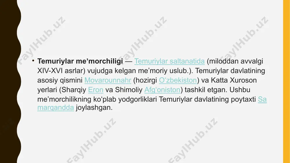 larda bir qancha umumiy rivojlanish belgilari kuzatilgan. bunda rivojlanayotgan savdo-sotiq, diplomatik aloqalar va hunarmandlar munosabati muhim rol oʻynadi. shunday qilib, 17-asr oʻrtalarida buxorodagi abdulazizxon madrasasining tashqi koʻrinishi hind meʼmorchiligi manzarasi aks ettirilgan devoriy suratlar bilan bezatilgan. bu koʻrinish agra shahridagi mashhur toj mahal maqbarasi qurilishida ishtirok etgan [11] buxorolik 2ta oʻymakor usta va samarqandlik gumbaz quruvchisi tomonidan yaratilgan. adabiyotlar 1 axmedov b. a. amir temur. jizn i obщestvenno-politicheskaya deyatelnost / mukminova r. g., pugachenkova g. a. ; pod red. rtveladze e. v.. — tashkent : universitet, 1999. — 263 s. 2 yusupova m. a. k problemam izucheniya zodchestva stran tsentralnoy azii xvi—xvii vekov // obщestvennie nauki v uzbekistane. — 1995. — № 5-6-7-8.