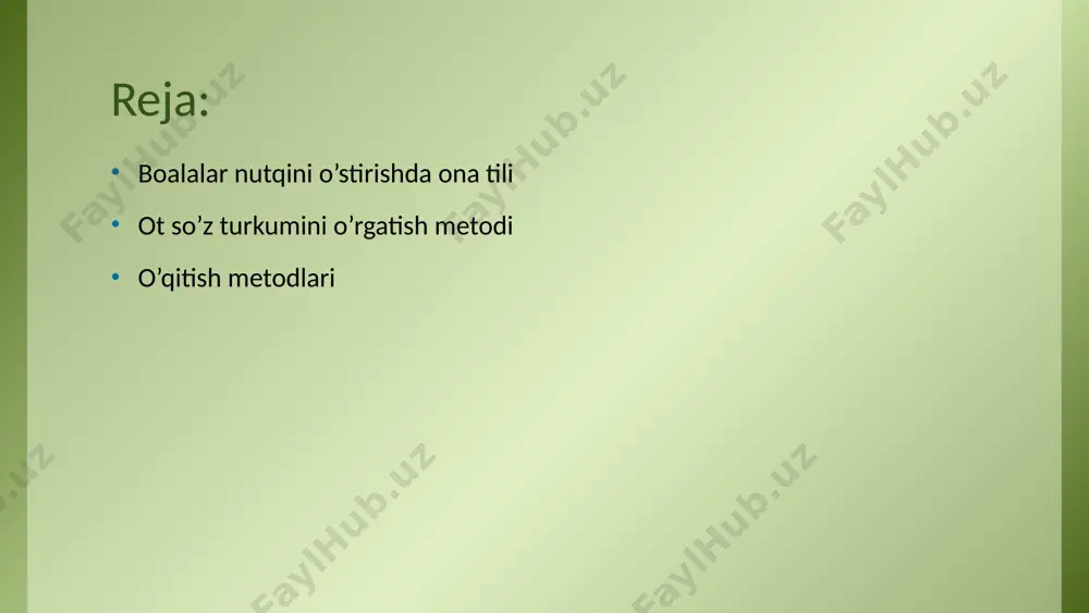lakasini shakllantirish maqsadida bajariladigan mashqlar asta murakkablashtira boriladi. 5 til hodisasi sifatida otning xususiyatlari, uni o'rganish vazifalari, o'quvchilarning yosh xususiyatlarini hisobga olgan holda, har bir sinf uchun material hajmi, ularni o'rganish izchilligi belgilangan.. shu bilan birga, ,,0t" mavzusini o'rganishning muayyan bosqichida bajarish lozim bo'lgan bir vazifani hal qilishga ko'proq ahamiyat beriladi. biror mavzu yoki ma'lumotni o'quvchilarga qanday usulda yetkazib berish bu o'qituvchining pedagogik mahoratidir. 6 o'z ona tilida ravon gapiradigan,nutq madaniyatiga amal qiladigan,o'z nutqining sofligini saqlay oladigan yoshlarni tarbiyalash har bir pedagogning bosh maqsadi bo'lishi kerak.otni o’rganishga tayyorlov bosqichi savod o’rgatish davriga to’g’ri keladi. bu bosqichda o’quvchilar predmetlarni va ularni nomi bo’lgan so’zlarni farqlashga o’rganadilar. so’zlarni leksik ma‘nosi asosida gruppalash mashqlari otlarni taqqoslash, o’xshash tomonlarini aniqlash, abstraklashtirish ko’nikmasini o’stiradi. 7 boshlang‘ich sinflarda ot so‘z turkumini o‘qitish metodikasi o‘quvchilarning og‘zaki va yozma nutqini rivojlantirishda muhim ahamiyatga ega. bu jarayon o‘quvchilarning so‘z boyligini oshirish, fikrlash qobiliyatini shakllantirish va grammatik tushunchalarni ongli ravishda …