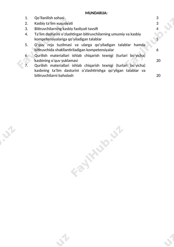 01- qurilish materiallari ishlab chiqarish texnigi (turlari bo‘yicha) kasbi bitiruvchisi keyinchalik kasbiy ta’limini chuqurlashtirish maqsadida: - kadrlar malakasini oshirish tizimida, tarmoq o‘quv muassasalarida va maxsus kurslarida malakasini oshirishi; - kasbiy faoliyatning tegishli sohasida yanada yuqoriroq malakaga erishish maqsadida oliy ta’lim muassasasida o‘qishini davom ettirishi mumkin. 2.4. o‘qishga qabul shartlari. o‘qishga qabul shartlari amaldagi qonunchilik asosida amalga oshiriladi. 3. bitiruvchilarning kasbiy faoliyati tavsifi 3.1. bitiruvchining kasbiy faoliyat sohasi: 50730601- qurilish materiallari ishlab chiqarish texnigi (turlari bo‘yicha) asosan ishlab chiqariladigan qurilish materiallari sifatini nazorat qilish, qurilish materiallari ishlab chiqarish mashina va mexanizmlarini boshqarish, qurilish materiallarining yangi, zamonaviy turlarini yaratish, qurilish sohasiga oid yaratilgan va yangi yaratiladigan materiallar qarshiligini aniqlashni mehnat muhofazasi qoidalariga amal qilgan holda bajarish. 3.2. bitiruvchining kasbiy faoliyat ob’ektlari: 3.2.1. texnik kvalifikatsiyasi bo‘yicha: - tabiiy tosh materiallari qazib olish obyektlari (karyerlar); - sement ishlab chiqarishda foydalaniladigan aylanma va shaxta pechlari; - qurilish materiallari ishlab chiqarish mashina va mexanizmlari; - sement …