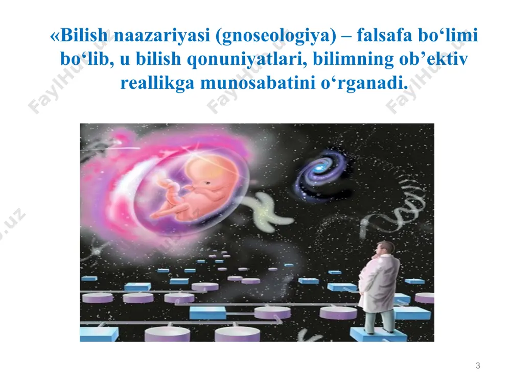 s keladigan va asoslangan ishonchdir. haqiqiylik (muvofiqlik) sharti – «agar p haqiqiy bo‘lsa, u holda s p ni biladi». ishonchlilik (e’tiqod, maqbullik) sharti – «agar s p ni bilsa, u holda s p ga ishonadi (uning mavjudligiga e’tiqodi komil bo‘ladi). asoslilik sharti «s p ni biladi, basharti u o‘zining p ga bo‘lgan ishonchini asoslab bera olsa». «s sub’ekt qandaydir p predmetni biladi» degan standart gnoseolgik talqin quyidagi uch shartni o‘z ichiga oladi: * bilishda sub’ekt va ob’ektning o‘zaro aloqasi. bilish dunyoning ob’ekt va sub’ektga bo‘linishini nazarda tutadi. falsafada bu tushunchalar jonli mavjudot bo‘lgan insonni bilish jarayoniga olib kiradigan va bu jarayonga salbiy ta’sir ko‘rsatadigan sub’ektivlikdan uzoqlashish uchun ishlab chiqilgan. bilimning ob’ektivligi, haqiqatning sub’ektdan mustaqilligini e’lon qilinganda namoyon bo‘ladi. * sub’ekt – bu bilish faolligining manbai. sub’ekt deganda odatda individ tushuniladi. biroq bu uncha to‘g‘ri emas. sub’ekt – bu, albatta, avvalo bilish qobiliyatiga ega bo‘lgan individ. sub’ekt – bu mikroguruh, ijtimoiy …