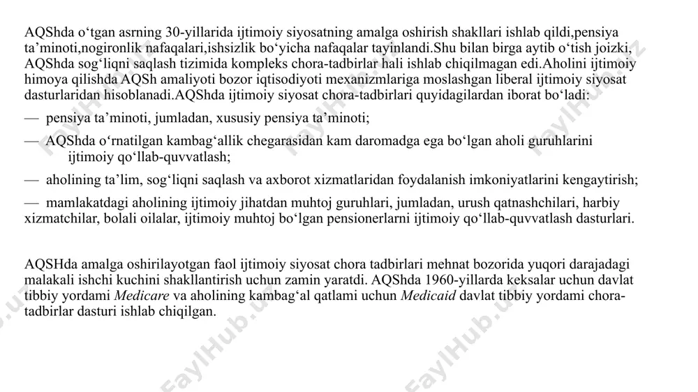 ni inves-titsiya qilishni koʻpaytirish; — o‘rta mulkdorlar daromadlariga solinadigan soliqlarni 500 mlrd dollarga pasaytirish. ijtimoiy sohaga yo‘naltirilgan federal budjet xarajatlarining o‘rni o‘zgardi.aqsh federal budjeti ijtimoiy yo‘naltirilgan budjetga aylanib bormoqda.rasmiy aqsh budjet statistikasi 2 xil yo‘nalishda ijtimoiy maq-sadlar uchun xarajatlar moliyalashtirilmoqda.jumladan, inson resurslariga yo‘naltirilgan xarajatlar hamda jismoniy shaxslarga transfert to‘lovlari besh yo‘nalish bo‘yicha amalga oshiriladi. 1) ta’lim, ishchi kuchini mehnatga tayyorlash va bandlik; 2) sog‘liqni saqlash; 3) daromadlar bo‘yicha kafolatlar; 4) ijtimoiy ta’minot; 5) veteranlarga to‘lovlar va xizmatlar. ijtimoiy sohadagi islohotlarning ustuvor yo‘nalishlaridan biri — oliy ta’lim tizimini rivojlantirish hisobla-nadi.oliy ta’lim tizimini rivojlantirish iqtisodiy o‘sishni ta’minlash va mehnat unumdorligini oshirishga qa-ratilgan omillardan biri hisoblanadi. sog‘liqni saqlash tizimi xizmatlarini kengaytirish maqsadida maqsadli davlat dasturlari qabul qilindi.55-61 yoshdagi kishilar oʻrtasidagi ishini yo‘qotgan aholi,yosh bolalar va 62-65 yoshlardagi aholi guruhlarini qamrab olgan.ularni tibbiy sug‘urtalashga qaratilgan yanada takomilashtirilgan dasturlar qabul qilindi. aqshda ijtimoiy siyosatning huquqiy asoslari ijtimoiy davlatning talablariga to‘liq javob bera oladi.aqshda ta’lim tizimini …