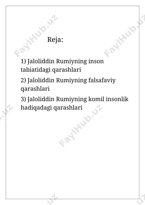 an maktublaridan tashkil topgan to‘plam.mavlono 1207 yilda qadimiy balx shahrida o‘z davrining mashhur mutasavvuf donishmandi,yirik xatib va voizi bo‘lgan bahovuddin valad oilasida dunyoga keladi. bahovuddin valad aslida shayx najmiddin kubro (1135 - 1221) ning majdiddin bag‘dodiy, sa’duddin hamaviy, raziuddin aliyi lolo, sayfuddin boxarziy, bobo kamol jandiy kabi 300 ga yaqin zabardast shogirdlaridan biri hisoblanardi. jaloliddin 12 yoshida uning ota-onasi ham mo‘g‘ul bosqini xataridan qochish, ham haj farizasini ado etish niyatida balxni tark etadilar.1230 yildan bu oila kuniyada qo‘nim topadi. yosh jaloliddin shom, halab, damashq, qaysariya va boshqa yirik ilm markazlarida 7 yil ta’lim oladi, o‘z davrining etuk donishmandi bo‘lib etishadi. taniqli rumiyshunos zarrinkub ta’biri bilan aytganda, "mavlononing 68 yillik ajoyib umri boshdan oyoq bir she’r, go‘zal,betakror, tug‘yonli ash’or jarayoni, sadosi va bongi bilan yo‘g‘rilib o‘tdi". jaloliddin rumiy ijodi yuksak badiiyati bilangina emas, balki mantiq kuchi, falsafiy fikrlarga boyligi bilan ham katta ta’sir quvvatiga ega. taniqli olim va adib radiy fish …