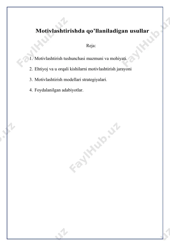 qandaydir (bilib yoki bilmay orzu qilinayotgan) ehtiyojga bo’lgan etishmovchilikdan yoki qoniqishning etarli, yoxud umuman yo’qligidan boshlanadi. so’ngra shu qoniqishga erishish uchun maqsad sari harakat qilinadi. ehtiyojning qondirilishi darajasi kishini kelajak sari intilishini belgilab beradi. agar u muayyan narsadan qoniqish hosil qilsa, u holda keyingi motiv uni boshqa yuqoriroq ehtiyojga rag’batlantiradi. jahon amaliyotida motivatsiya vositasida unumli mehnatga chorlashning turli nazariyalari mavjud. · bular jumlasiga: · "x" (iks) va "y" (igrek) nazariyasi; · kutish nazariyasi; · boisiy (gigienik) tozalanish nazariyasi; · adolatlilik (haqqoniylik) nazariyasi; · ehtiyojlar ustunligi nazariyasi. kutish nazariyasi amerikalik ruhshunos v.vrum tomonidan 1964 yilda ishlab chiqilgan. uning mohiyati shundaki, motivatsiya nafaqat ehtiyojni qondirishga, shuningdek maqsadga erishish uchun tanlangan xohishga ham bog‘liq. kutish nazariyasida 3ta muhim omilning o‘zaro munosabati asosiy o‘rinni tutadi: mehnat xarajatlari (mx) bilan natija (n) o‘rtasidagi farqni kutish (mx-n); natija (n) bilan rag‘batlantirish (r) o‘rtasidagi farqni kutish (n-r); rag‘batlantirish qiymati (k), ya’ni qoniqishning yoki qoniqmaslikning nisbiy ko‘rsatkichi. har …
