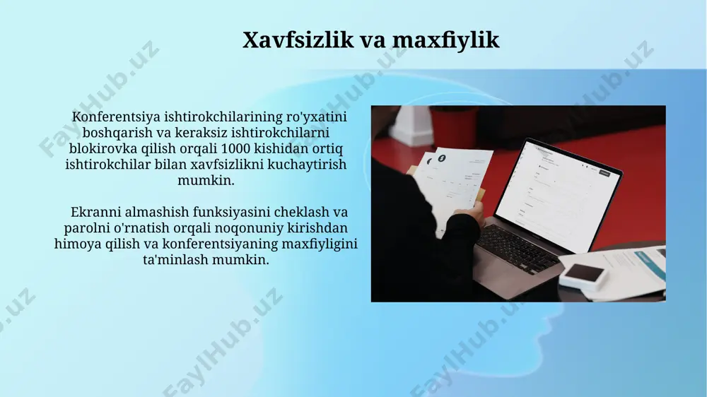 hirish mumkin. qatnashchilarni taklif qilish va boshqarish qatnashchilarni guruhlarga bo'lish va har bir guruh uchun alohida zoom xonalar yaratish orqali katta tadbirlarni samarali boshqarish mumkin. zoom platformada 1000 kishigacha bo'lgan qatnashchilarni ro'yxatini oldindan tayyorlash va ularga avtomatik taklifnomalar yuborish orqali vaqtni tejash mumkin. zoom platformada konferensiya yaratish zoom platformasida 100 kishigacha boʻlgan konferensiyalarni bepul reja orqali oʻtkazishingiz mumkin, lekin 40 daqiqadan ortiq vaqt davom etsa, toʻlovli versiyaga oʻtishingiz kerak boʻladi. zoom xususiyatlari orqali ishtirokchilarni guruhlarga ajratish, “breakout rooms” funksiyasidan foydalanib, ularning har biriga moderator tayinlash imkoniyati mavjud. konferensiyani yozib olish va saqlash konferensiya yozuvini saqlash uchun zoom sizga bulutli xizmat yoki mahalliy kompyuteringizni taklif qiladi. bulutli saqlash 7 kun davomida bepul, ammo undan ko'proq vaqt saqlash uchun pro hisobi kerak. yozuvlar avtomatik ravishda ma'lumotlar bazasiga saqlanadi va ularga har qanday qurilma orqali, masalan, mobil telefon yoki kompyuter orqali kirish mumkin, shu bilan birga ularni 30 kun ichida yuklab olish mumkin. …