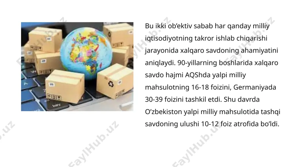 sport qilingan va u erda qayta ishlov berilmagan mahsulotni chet elda sotib olish va mamlakatga olib kelish jahon iqtisodiyotida ochiq iqtisodiyotning shakllanishida davlat muhim rol o`ynadi. davlat tovar va xizmatlar olib chiqishni rag`batlan tirib, xorijiy firmalar bilan kooperatsiyalarga, tashqi iqtisodiy aloqalar ning rivojlanishiga yordamlashib, o‘ziga eksportga yo‘naltirilgan ishlab chiqarishni rag6batlantirish funksiyasini oldi chet eldan investitsiya lar, texnologiyalar, ishchi kuchi va axborot vositalarini oqib kelishini yengillashtiruvchi mustahkam huquqiy asos yaratildi. ochiq iqtisodiyot ichki bozorning chet el kapitali, tovarlari, texno logiyalari, axborotlari, ishchi kuchining oqimi uchun aqlga to‘g‘ri keladigan darajada ochiqligini nazarda tutadi. ochiq iqtisodiyotning afzalliklari quyidagilardir: - ishlab chiqarishning ixtisoslashuvi va kooperatsiyalashuvining chuqurlashishi; - resurslami mulohazakorlik bilan samaradorlik darajasiga qarab taqsimlash; - xalqaro iqtisodiy aloqalar tizimi orqali jahon tajribasining tar qalishi; - jahon bozoridagi raqobat tomonidan rag‘batlantiriladigan milliy ishlab chiqaruvchilar orasida raqobatning kuchayishi. e’tiboringiz uchun rahmat image1.png image2.png image3.png image4.png image5.png image6.png /docprops/thumbnail.jpeg