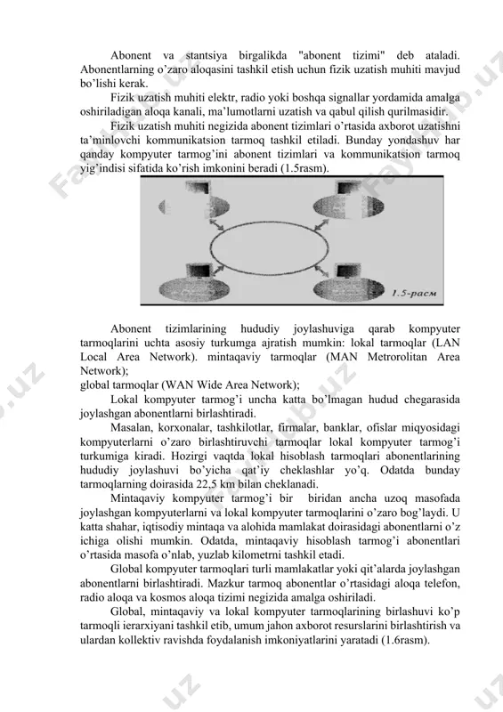 an area network); global tarmoqlar (wan wide area network); lokal kompyuter tarmog’i uncha katta bo’lmagan hudud chegarasida joylashgan abonentlarni birlashtiradi. masalan, korxonalar, tashkilotlar, firmalar, banklar, ofislar miqyosidagi kompyuterlarni o’zaro birlashtiruvchi tarmoqlar lokal kompyuter tarmog’i turkumiga kiradi. hozirgi vaqtda lokal hisoblash tarmoqlari abonentlarining hududiy joylashuvi bo’yicha qat’iy cheklashlar yo’q. odatda bunday tarmoqlarning doirasida 22,5 km bilan cheklanadi. mintaqaviy kompyuter tarmog’i bir ­ biridan ancha uzoq masofada joylashgan kompyuterlarni va lokal kompyuter tarmoqlarini o’zaro bog’laydi. u katta shahar, iqtisodiy mintaqa va alohida mamlakat doirasidagi abonentlarni o’z ichiga olishi mumkin. odatda, mintaqaviy hisoblash tarmog’i abonentlari o’rtasida masofa o’nlab, yuzlab kilometrni tashkil etadi. global kompyuter tarmoqlari turli mamlakatlar yoki qit’alarda joylashgan abonentlarni birlashtiradi. mazkur tarmoq abonentlar o’rtasidagi aloqa telefon, radio aloqa va kosmos aloqa tizimi negizida amalga oshiriladi. global, mintaqaviy va lokal kompyuter tarmoqlarining birlashuvi ko’p tarmoqli ierarxiyani tashkil etib, umum jahon axborot resurslarini birlashtirish va ulardan kollektiv ravishda foydalanish imkoniyatlarini yaratadi (1.6­rasm). kompyuter …