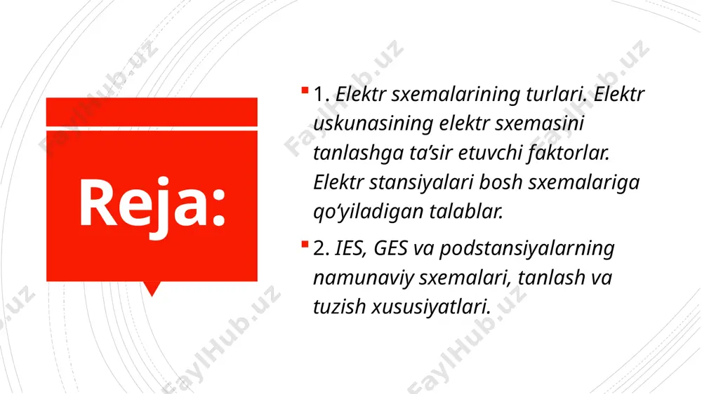 i, shuningdek, qo‘llaniladigan jihozlarning tiplari ko‘rsatiladi. operativ sxema operativ sxemada shartli ravishda ajratkich va erga ulovchi pichoqlar ko‘rsatilgan. har bir smenada navbatchilik qiladigan xodim tomonidan shu jihozlarning haqiqiy holati (ulangan, uzilgan) sxemada ko‘rsatiladi. elektr tizilmaning bosh sxemasini tanlashga ta’sir etadigan kompleks shartlardan sxemalarga qo‘yiladigan quyidagi asosiy talablarni ko‘rsatish mumkin: ishonchlilik elektr tizilmalarning ta’mir ishlariga moslanganligi elektr sxemaning operativ ixchamliligi sxemaning iqtisodiy maqsadga muvofiqligi image1.jpg image2.png image3.png image4.png image5.png image6.png /docprops/thumbnail.jpeg