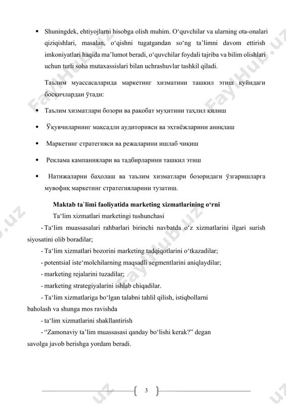 aviy ta’lim muassasasi qanday bo‘lishi kerak?” degan savolga javob berishga yordam beradi. marketing va ta’lim muassasaning jozibadorligini oshirish uchun: · reklama · pr (jamoatchilik bilan aloqalar) · promoushn (ilgari surish) · internet · shuningdek, mening fikrimcha mijozga qorovulning tabassumidan texnik xodimning atir-upasigacha ta’sir qiladi · avval, bir mijozdek fikrlashni, uning ko‘zi bilan tashkilotimiz va taklif qilayotgan xizmatlarimizga qarashimiz lozim. ishni nimadan boshlash kerak? · marketing bilan shug‘ullanishni boshlaymiz va quyidagi savollarga javob beramiz: · maktabingiz kanday ta’lim xizmati turlarini ko‘rsata oladi? · bugungi kunda maktabingizning moddiy-texnika bazasi kanday holatda? · maktabda pullik ta’lim xizmatini ko‘rsatish uchun malakali o‘qituvchilar yetarlimi? · maktabingizda xizmat turlarining qiymati (baxosi) kanday bo‘lishi kutiladi? · qanday foyda keladi? · yordamga ota-onalarni, xomiylarni yoki bitiruvchilarni jalb qila olasizmi? muassasani boshqarishda budjetdan tashqari mablag‘larning samaradorligini tahlil qilish. budjetdan tashqari jamg‘arma mablag‘lari quyidagi manbalar hisobiga shakllantiriladi: oldingi tahrirga qarang. xalq ta’limi muassasa va tashkilotlarining ko‘chmas mol-mulkini ijaraga berishdan balansda …