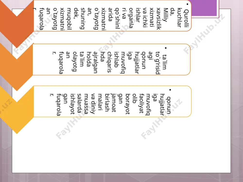 va ishni erkin tanlash huquqini amalga oshirishda barcha fuqarolarga jinsi, yoshi, irqi, millati, tili, ijtimoiy kelib chiqishi, mulkiy ahvoli, mansab mavqei, dinga munosabati, e`tiqodi va jamoat birlashmalariga mansubligi, shuningdek xodimlarning ishchanlik jihatlari hamda ular mehnatining natijalariga bog’liq bo`lmagan boshqa holatlardan kat’iy nazar teng imkoniyatlarni ta`minlash; kishilarning mehnat va tadbirkorlik tashabbuslarini qo`llab-quvvatlash va rag’batlantirish, ularda mehnat qilish va hayot kechirishda munosib sharoitlarni ta`minlaydigan unumli va ijodiy mehnat qobiliyatini rivojlantirishga ko`maklashish; mehnat qilishning ixtiyoriyligi; ish bilan ta`minlanish sohasida ijtimoiy kafolatlar berish va aholini ishsizlikdan himoya qilishni ta`minlash; ijtimoiy himoyaga o`ta muhtoj va ish topishda qiynalayotgan fuqarolar uchun mavjud ish joylarini saqlab qolayottan va yangi ish joylarini yaratayottan ish beruvchilarni rag’batlantirish; ish bilan ta`minlash sohasidagi tadbirlarni ijtimoiy va iqtisodiy siyosatning boshqa yo`nalishlari bilan muvofiqlashtirish; aholini ish bilan ta`minlash chora-tadbirlarini ishlab chiqish, amalga oshi­rish va ularning bajarilishini nazorat qilishda davlat organlari, kasaba uyushma-lari, xodimlarning vakillik organlari va ish beruvchilarning o`zaro hamkorligi; aholini ish bilan …