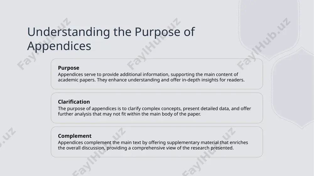 rs by incorporating additional data through well-structured appendices. including supplementary material like research data and detailed analysis can provide a comprehensive view of your study. remember, appendices are valuable tools for academic documentation. photo by bozhin karaivanov on unsplash detailed analysis: a crucial component of appendices 01 role of analysis detailed analysis in appendices provides in-depth understanding, supporting main findings with comprehensive data and insights. 02 enhancing understanding through detailed analysis, complex concepts can be clarified, enhancing reader comprehension and reinforcing the validity of research outcomes. 03 supporting evidence analysis in appendices strengthens arguments by presenting supporting evidence, validating research methods, and reinforcing the credibility of academic works. unveiling the importance of research data in appendices 1 importance of research data research data in appendices provides supporting evidence and enhances the credibility of academic works, offering readers a deeper understanding of the study. 2 data visualization tools utilizing data visualization …