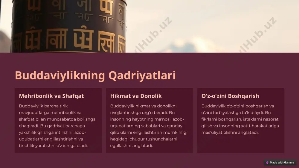 5 buddaviylikning bugungi kunda ta'siri dunyodagi tinchlik va hamjihatlik buddaviylik insonlar o'rtasida tinchlik va hamjihatlikni rivojlantirishga katta ta'sir ko'rsatdi. uning ta'limoti insonlarni o'zaro hurmat va tushunishga undiradi. shaxsiy rivojlanish buddaviylik insonga o'z-o'zini anglash, his-tuyg'ularni boshqarish va hayotdan hursandchilik olishga yordam beradi. uning meditatsiya va xushmuomalalik ta'limoti shaxsiy rivojlanishga katta ta'sir ko'rsatadi. ijtimoiy mas'uliyat buddaviylik insonlarni ijtimoiy mas'uliyat olishga undiradi. uning ta'limoti himoyasizlarga yordam berish, atrof-muhitni himoya qilish va jamoat hayotini yaxshilashga ta'kidlaydi. 6 buddaviylik madaniyatga ta'siri 1 san'at 2 arxitektura 3 falsafa 4 musiqa 5 adabiyot buddaviylik turli madaniyatlarning rivojlanishiga kattta ta'sir ko'rsatgan. u san'at, arxitektura, falsafa, musiqa va adabiyotda o'z aksini topgan. 7 buddaviylik kitoblari 1 "dhammapada" bu kitob buddaning hikmatli so'zlari va ta'limotiga bag'ishlangan bo'lib, insonning hayot yo'li va o'z-o'zini anglash haqida tushunchalarni beradi. 2 "suttanipata" bu kitob buddaning turli mavzularda bergan nutqlarini o'z ichiga oladi va insonning ichki dunyosi, azob-uqubatlarning sabablari va qutuluş yo'llari haqida gapiradi. 3 …